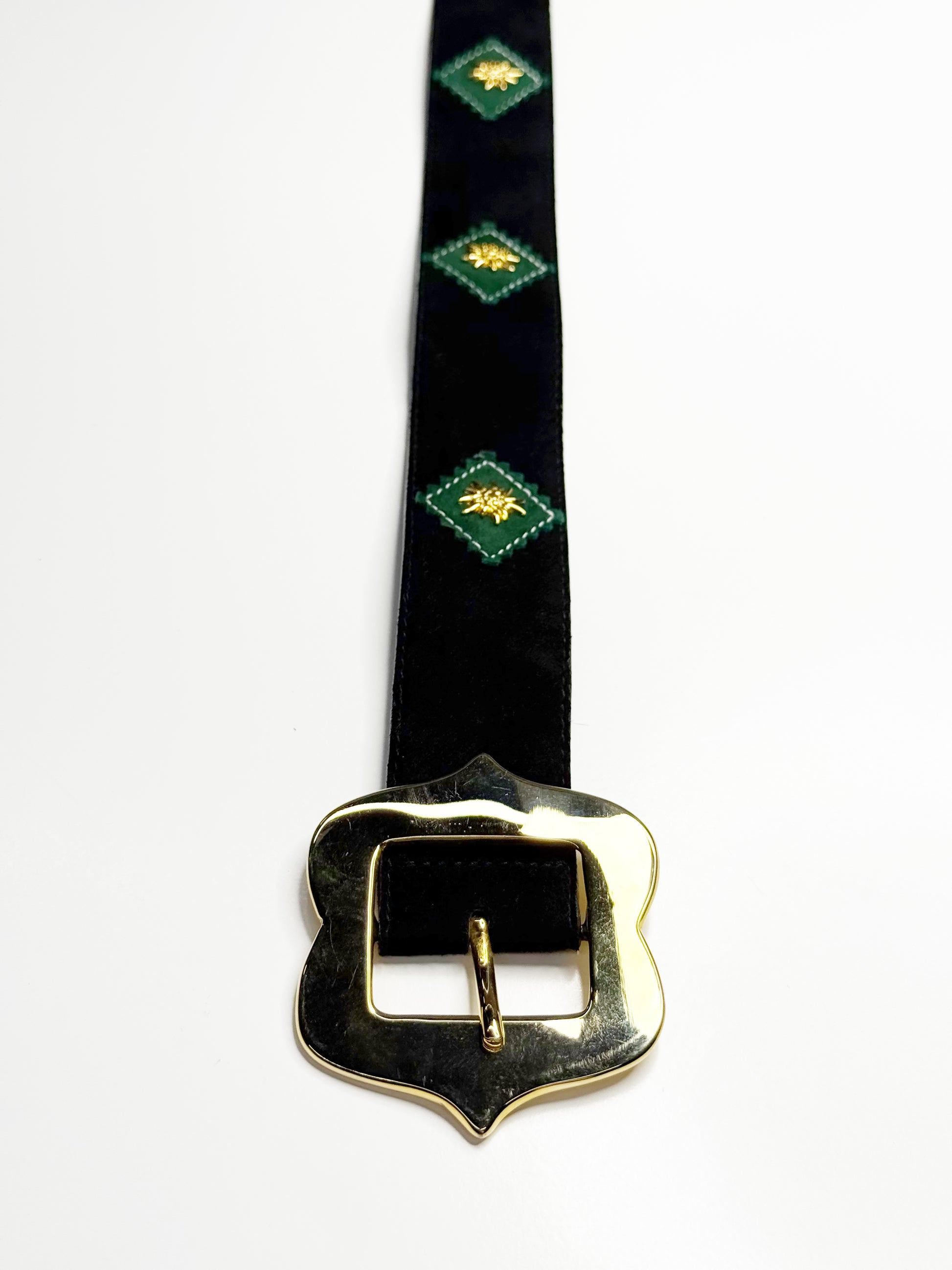 ESCADA Vintage Black Leather Belt with Gold Edelweiss Details