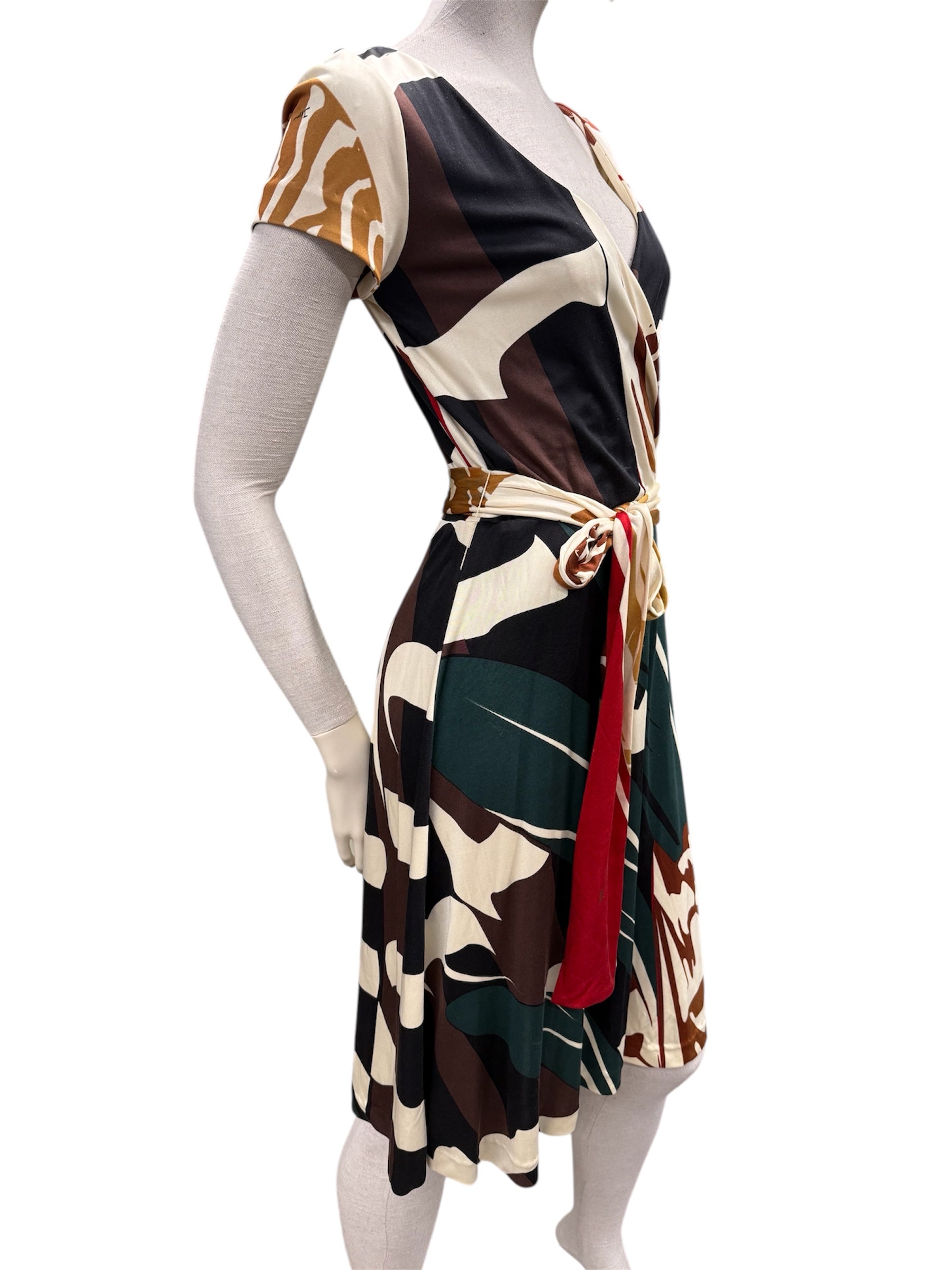ISSA London Long-Sleeve Silk Dress – Green & Brown Graphic Print