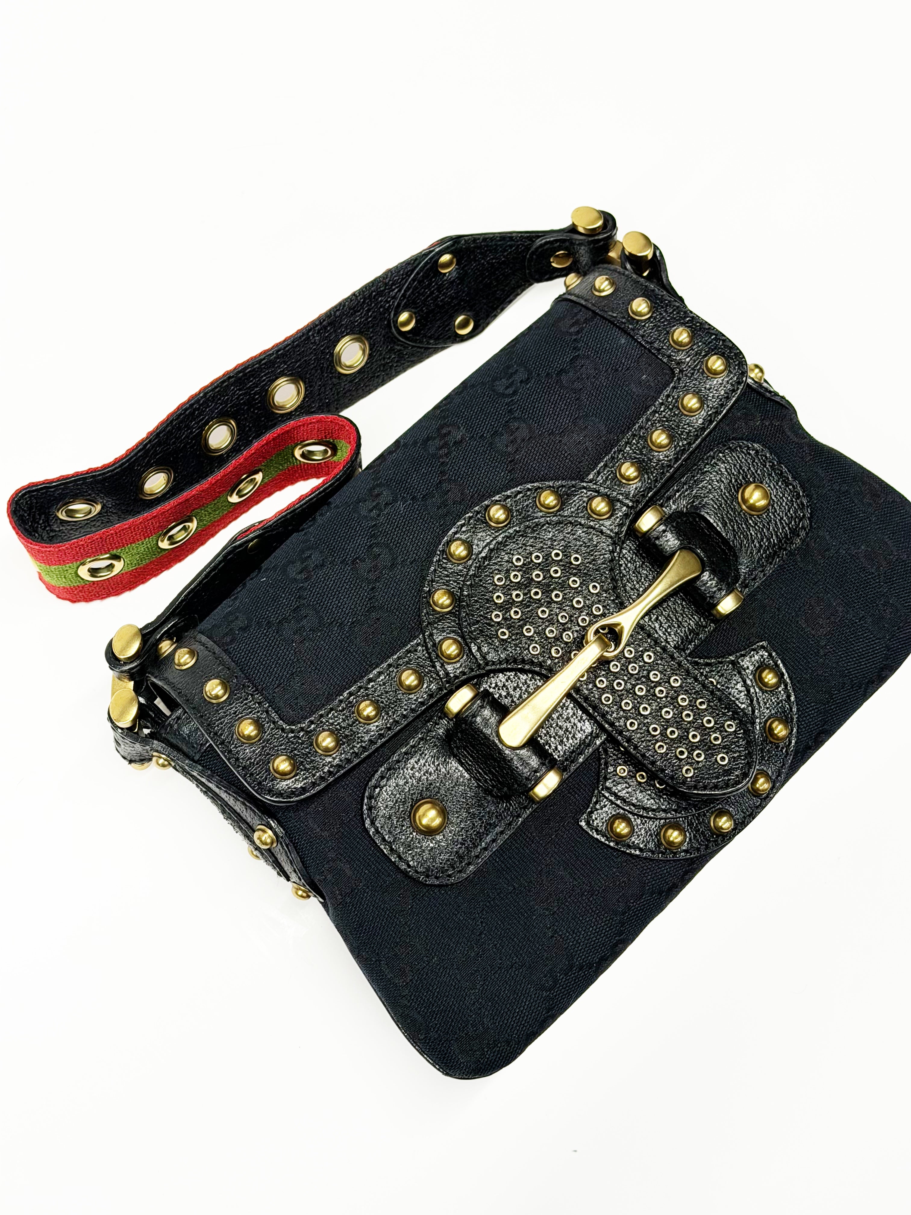 GUCCI Tom Ford Era Studded GG Monogram Horsebit Shoulder Bag – Early 2000s
