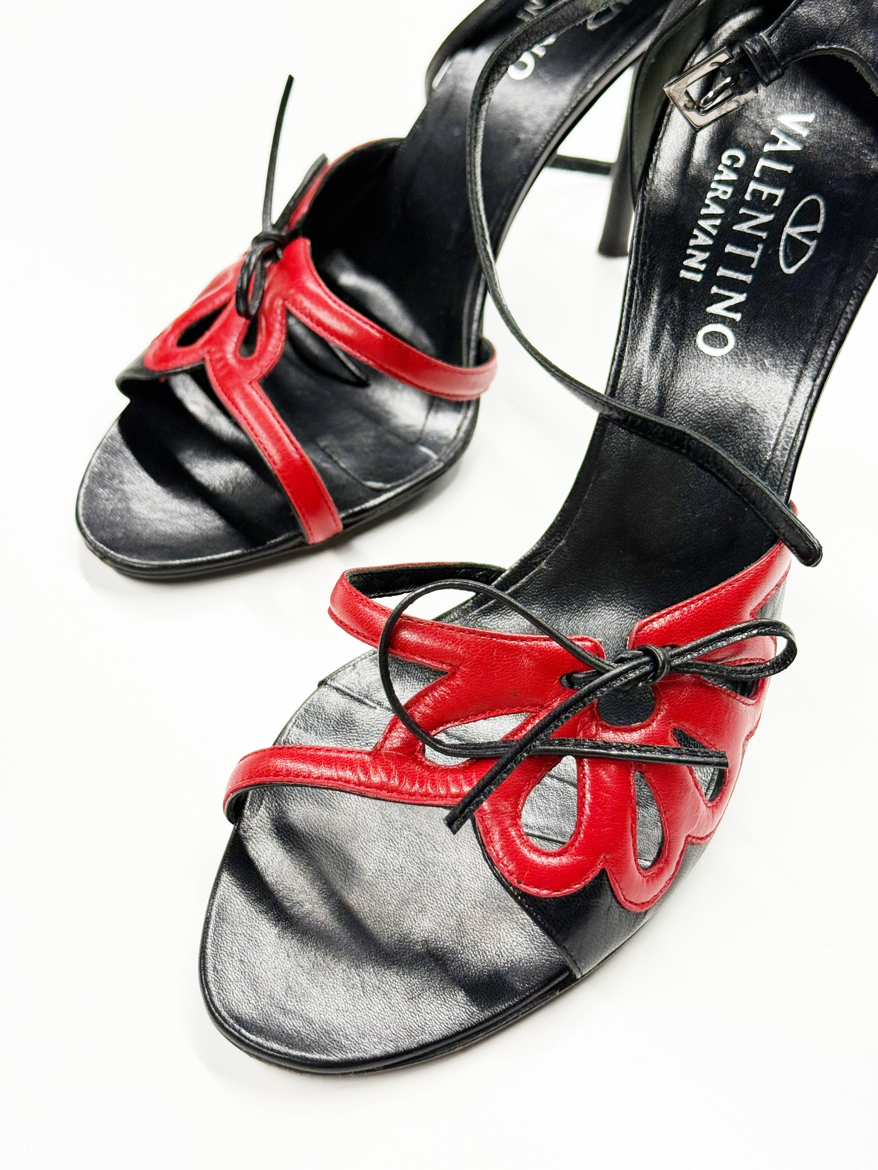 Valentino Garavani Red & Black Leather Heeled Sandals