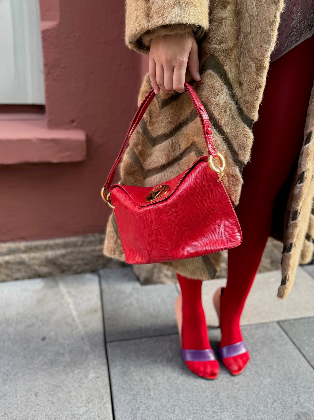Valentino Garavani Red Lizard-Effect Leather Shoulder Bag