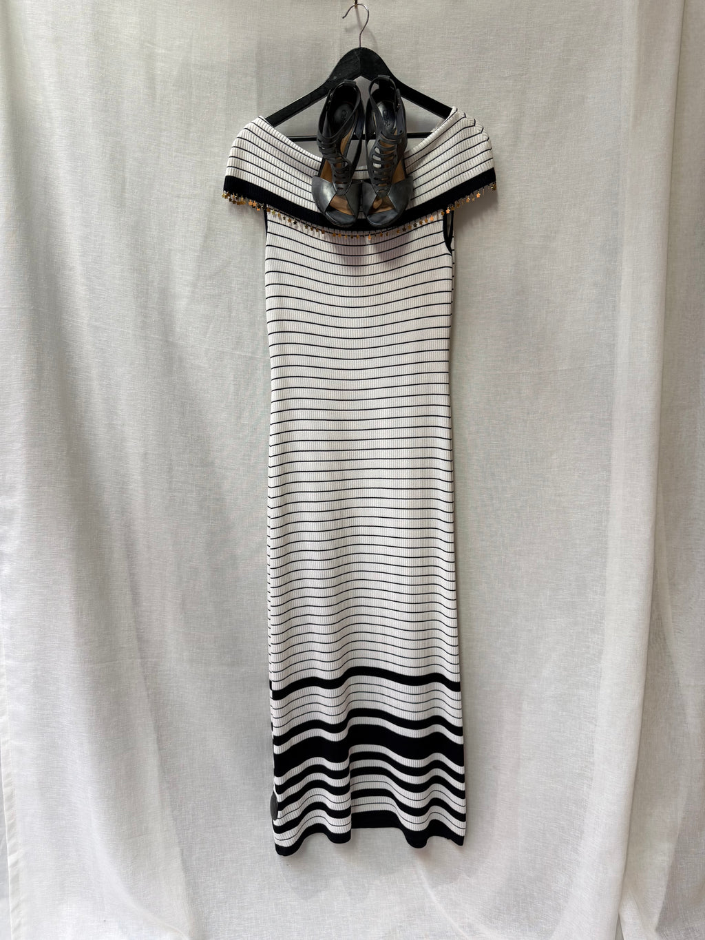 Vintage Escada Off-The-Shoulder Striped Maxi Dress