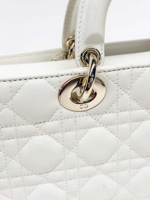 Christian Dior Lady Dior Medium – White Cannage Lambskin, Gold Hardware
