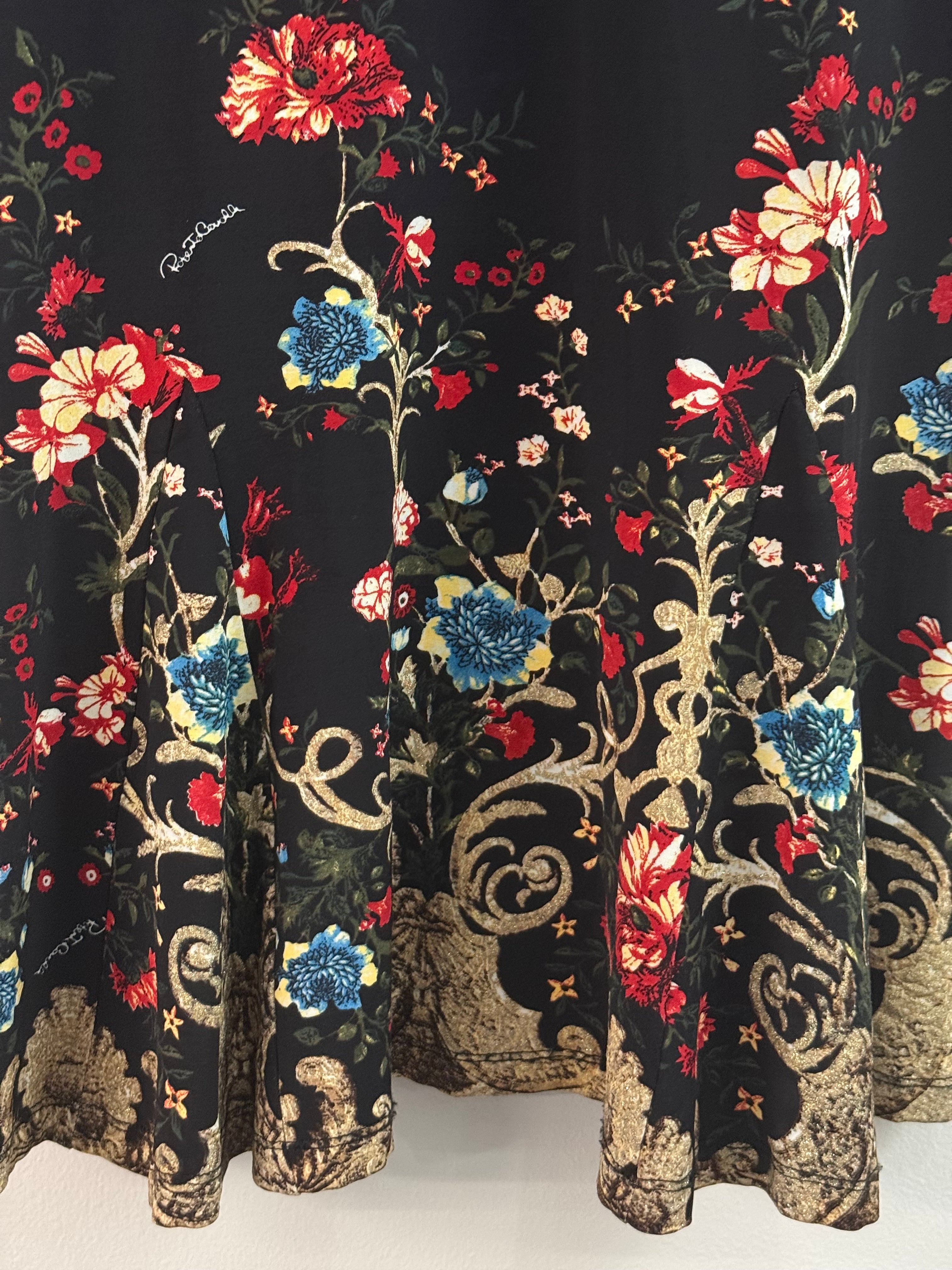 Roberto Cavalli Floral-Print Dress with Gold Brooch - M