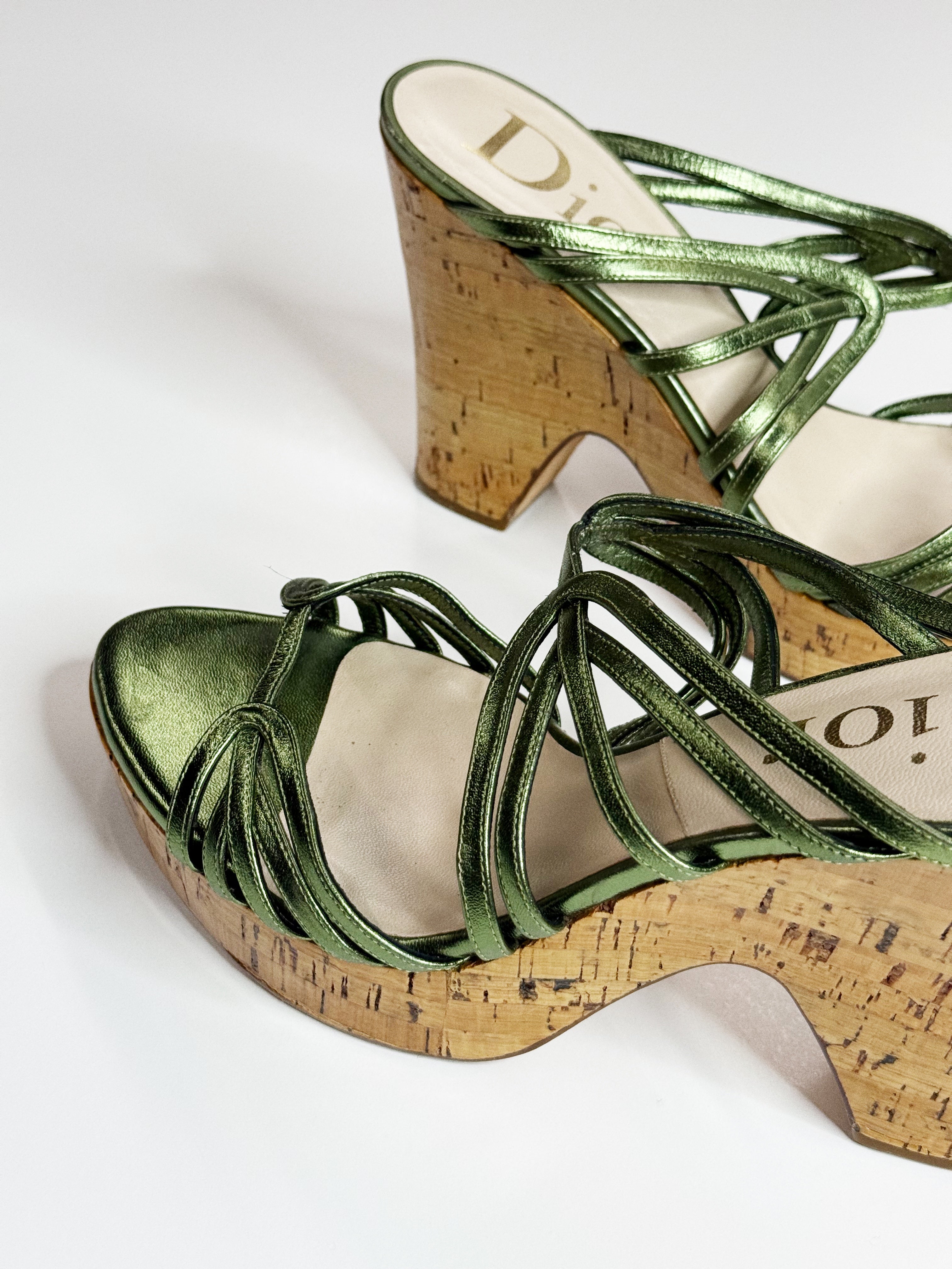 Christian Dior Metallic Green Cork Wedge Sandals