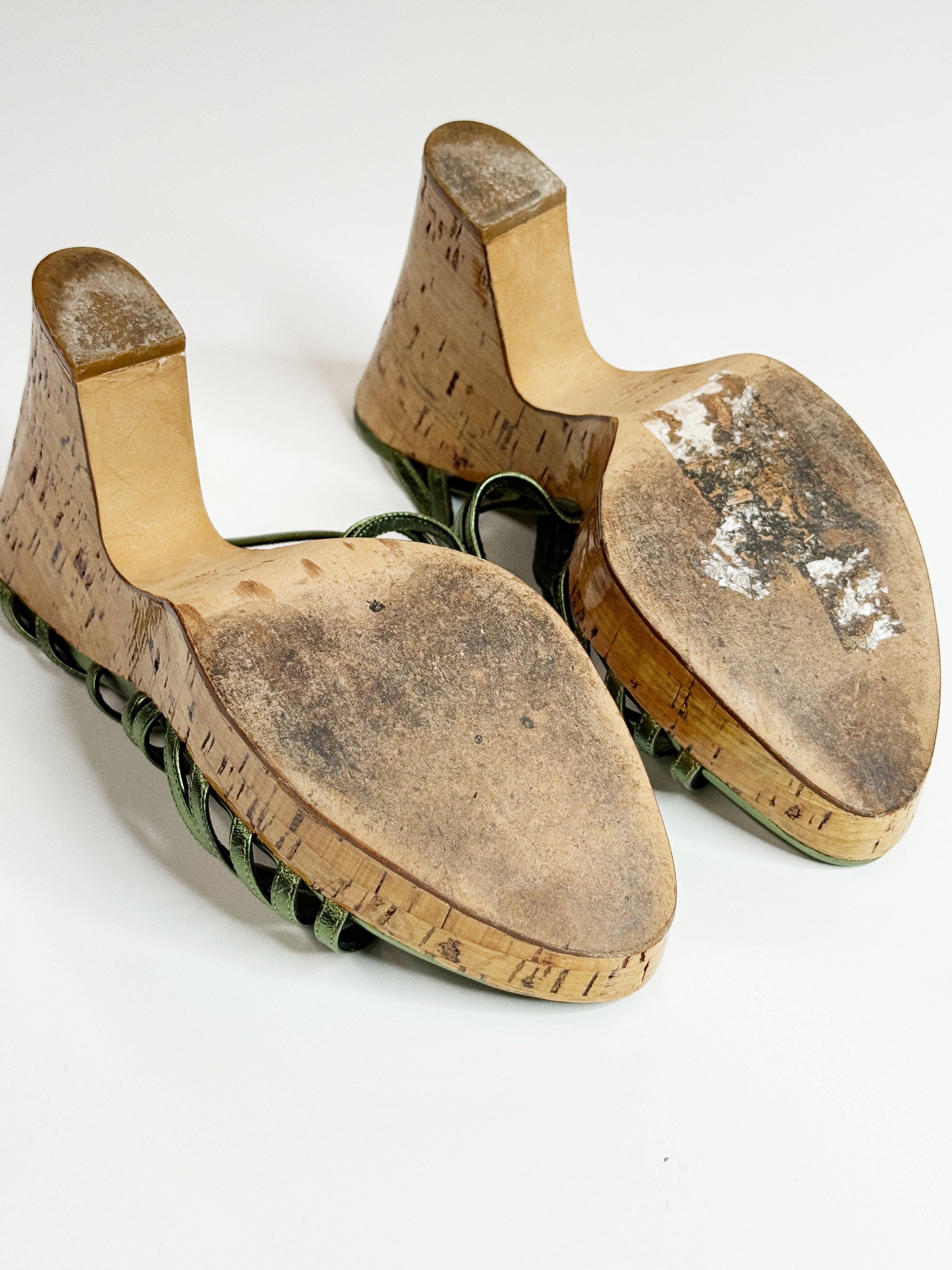 Christian Dior Metallic Green Cork Wedge Sandals
