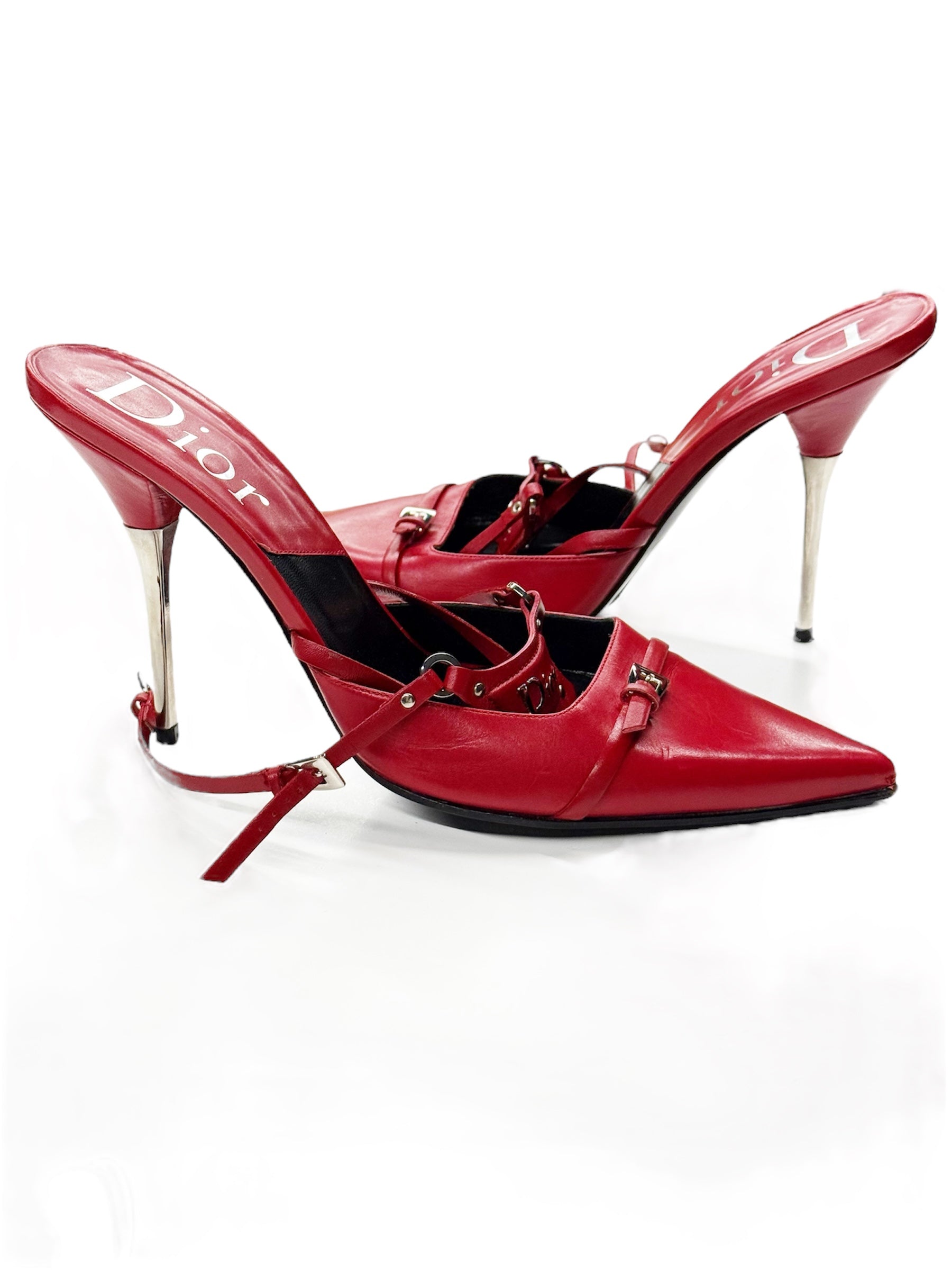 Christian Dior Red Heeled Pumps with Buckle and Strap Details