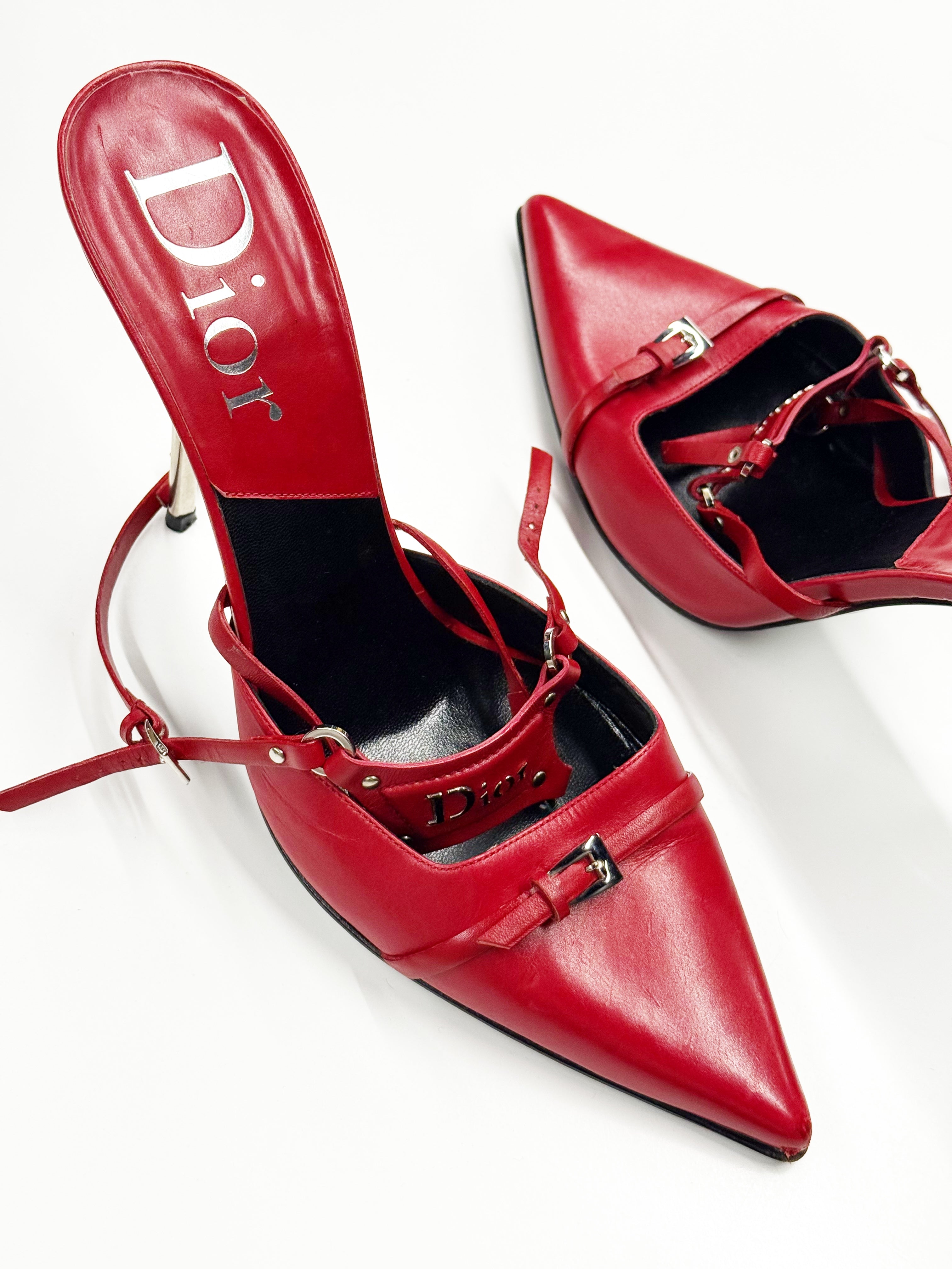 Christian Dior Red Heeled Pumps with Buckle and Strap Details