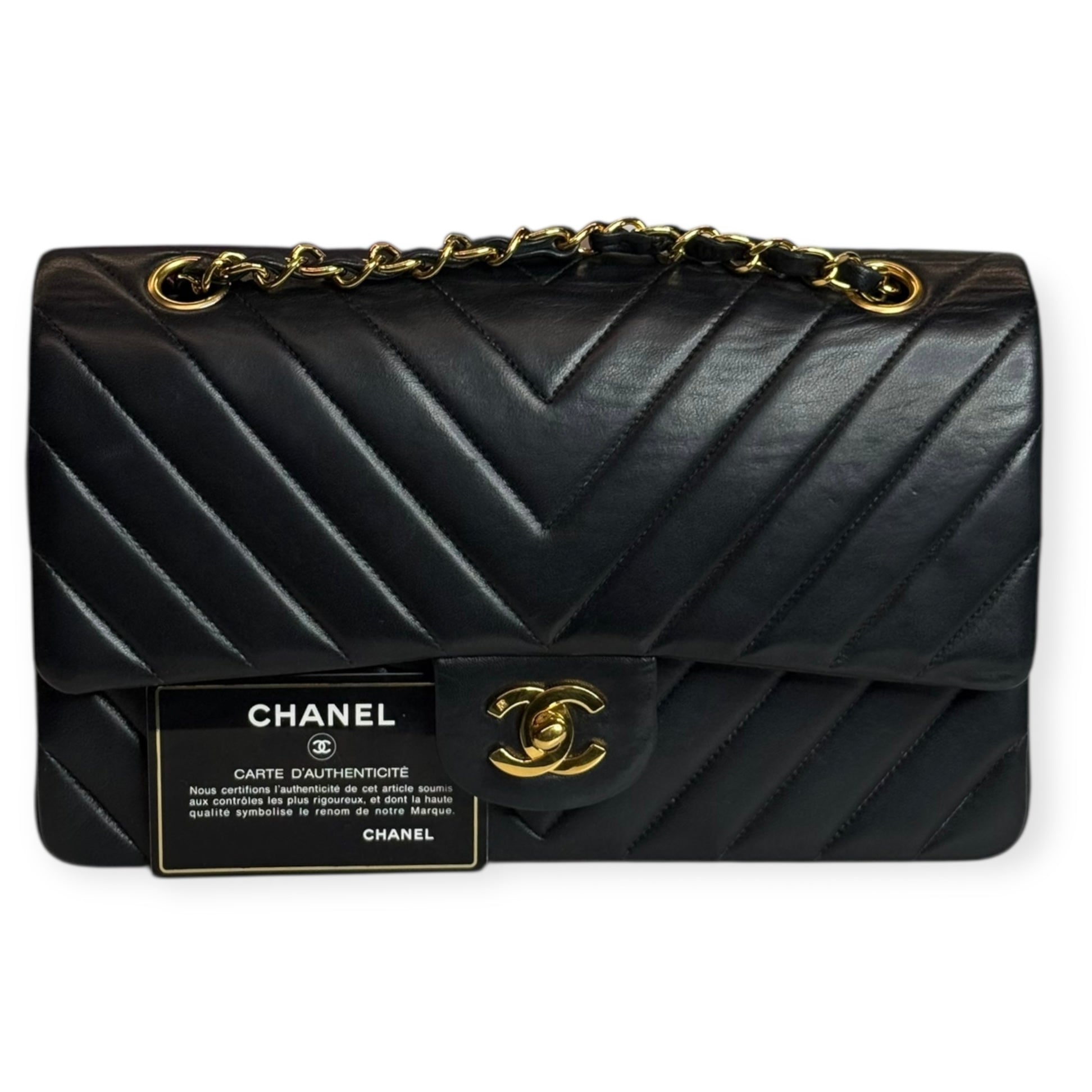 Chanel Vintage Double Flap Medium Chevron Bag — Black Lambskin, 24K