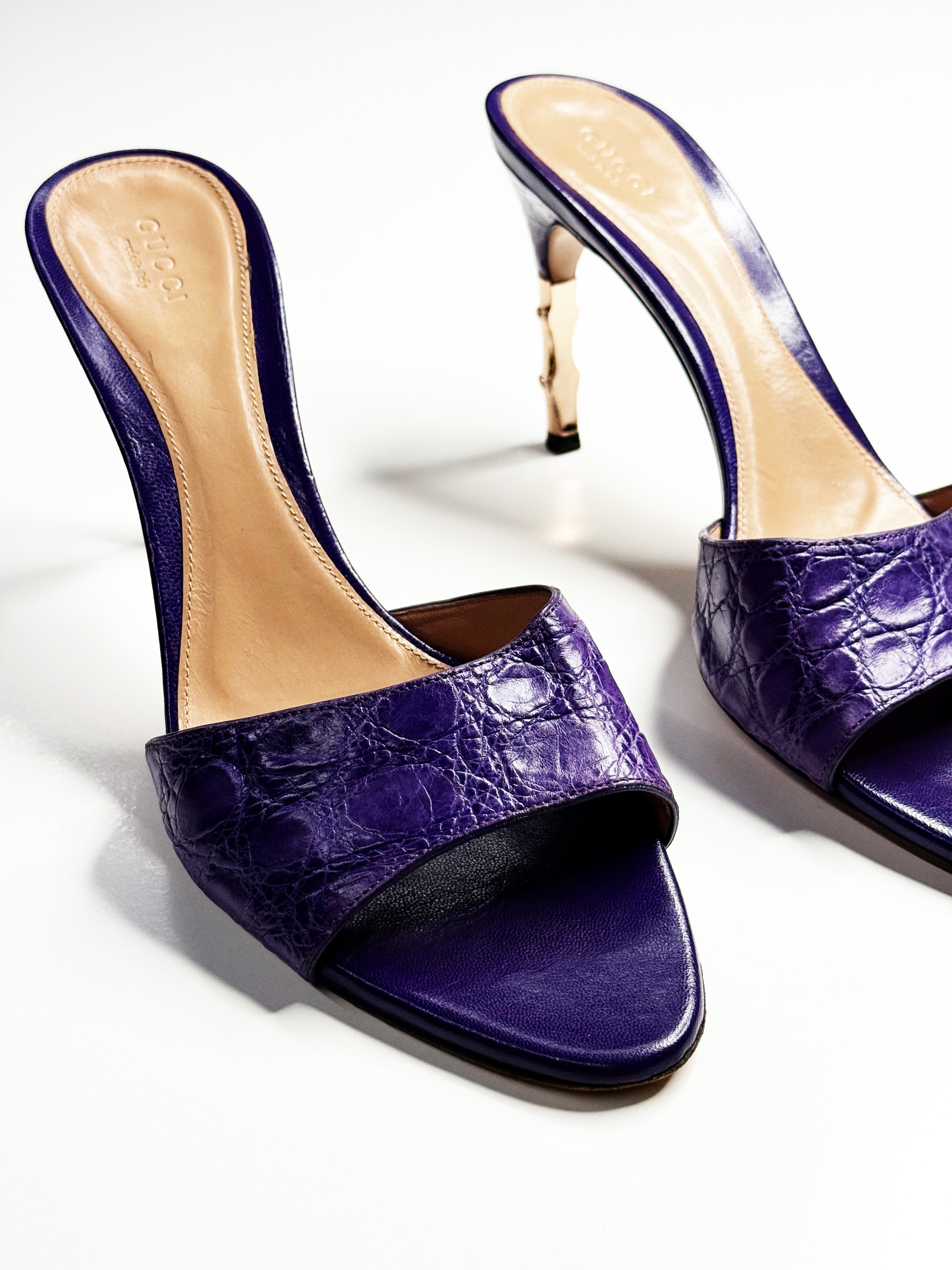 GUCCI Purple Croc-Effect Leather Mules