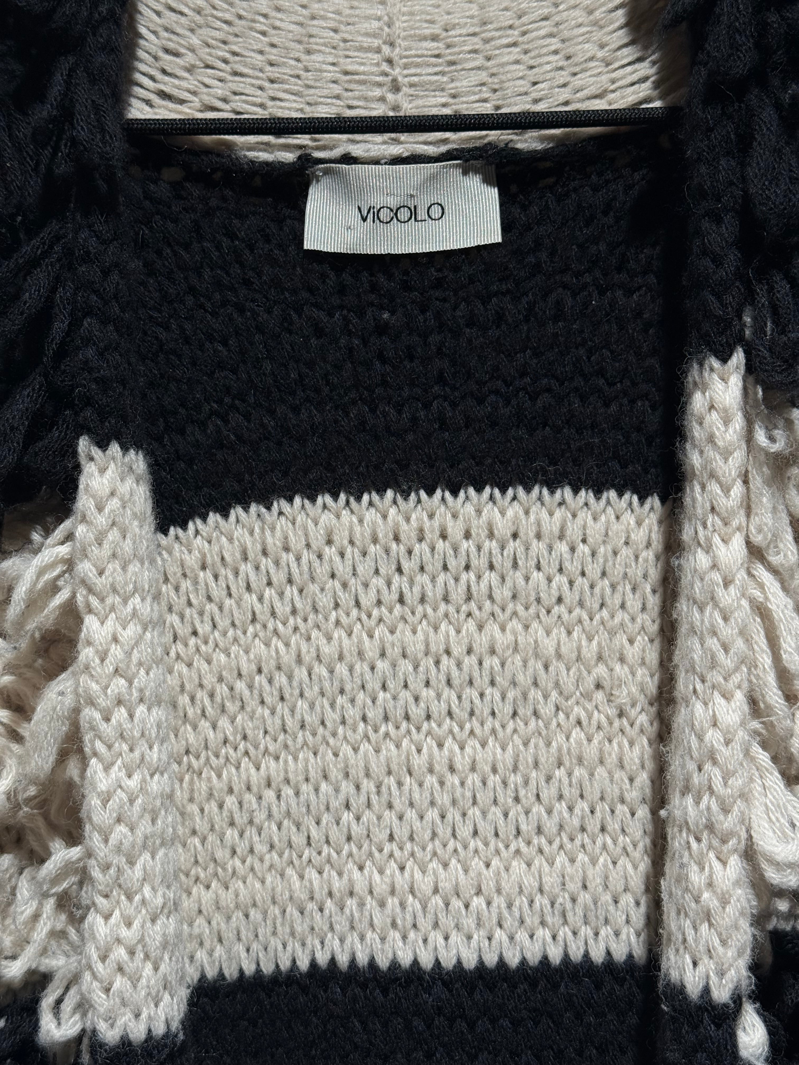 Vicolo Long Loop-Knit Striped Cardigan — Black & Ivory