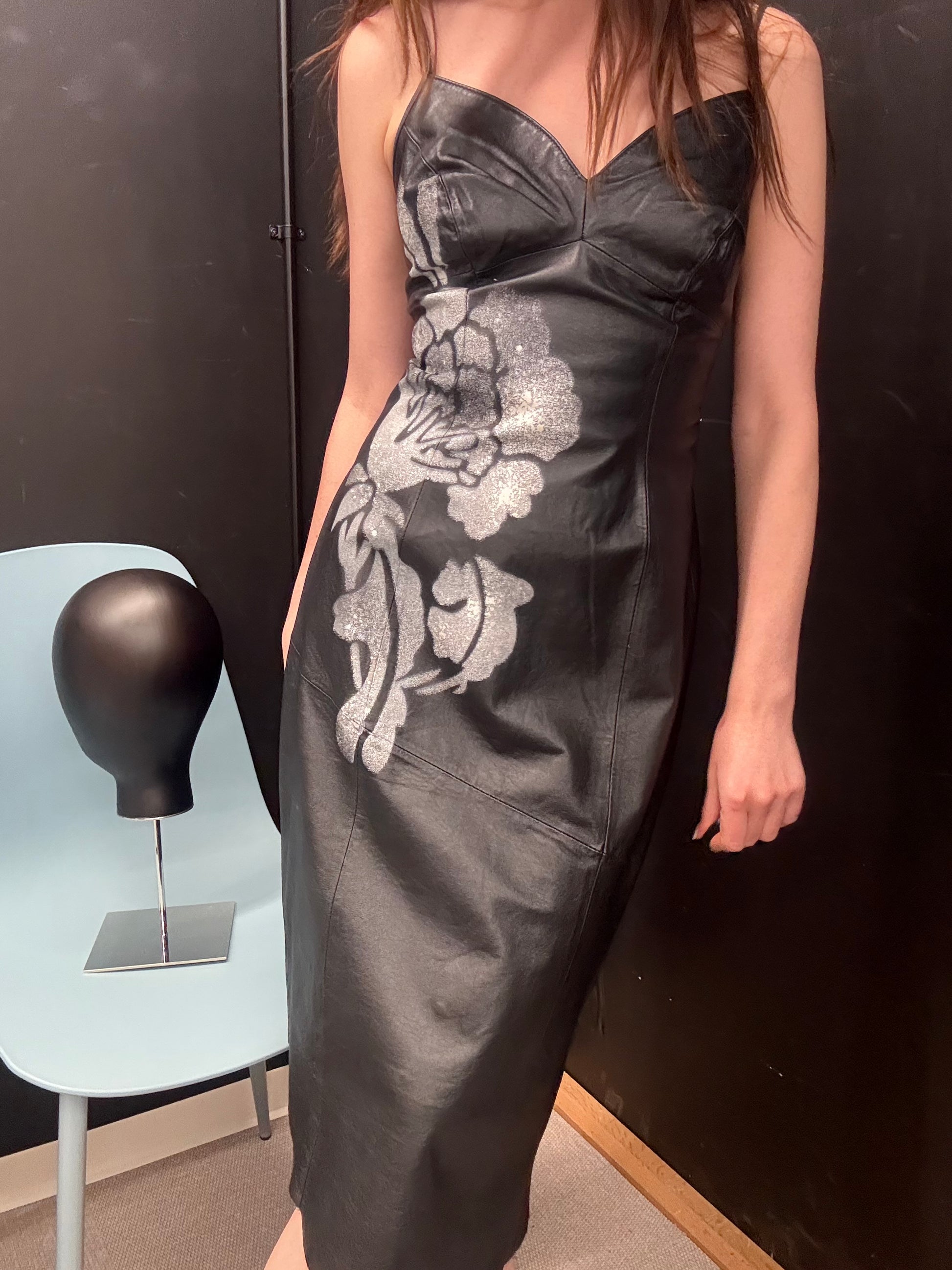 Black Leather Lace-Up Dress with Spray Floral Detail — Faust
