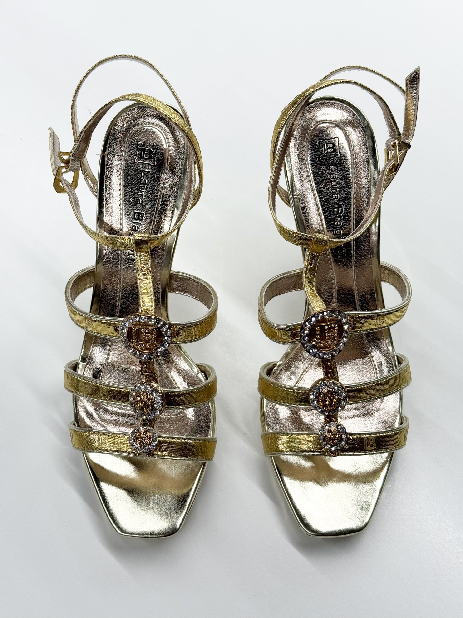 Laura Biagiotti Gold High-Heel Sandals with Crystal Embellishments