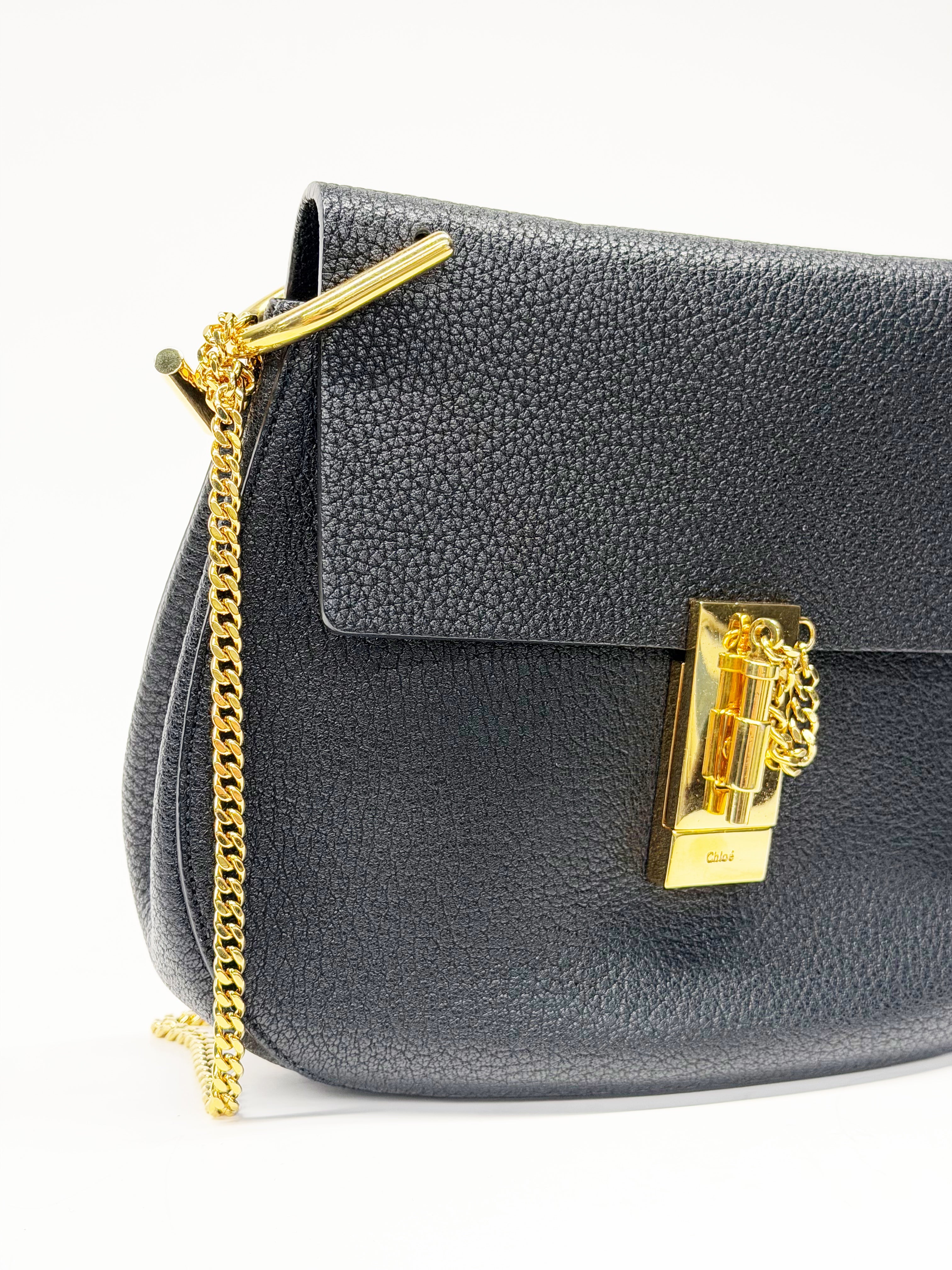 Chloé Drew Black Grained Leather Chain Shoulder Bag Gold Hardware