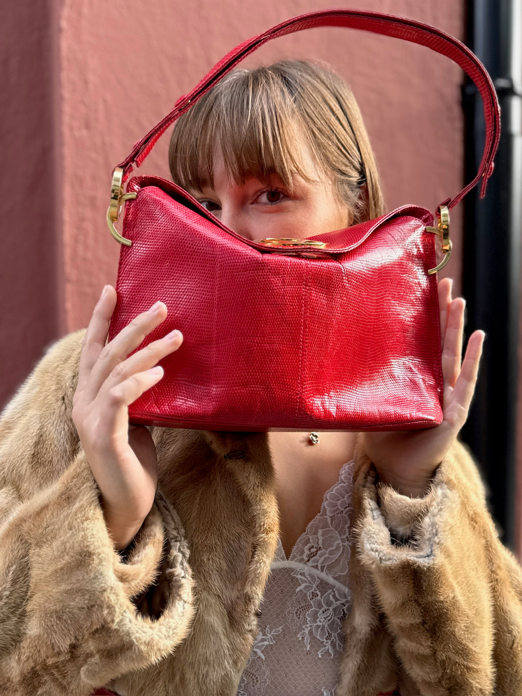 Valentino Garavani Red Lizard-Effect Leather Shoulder Bag