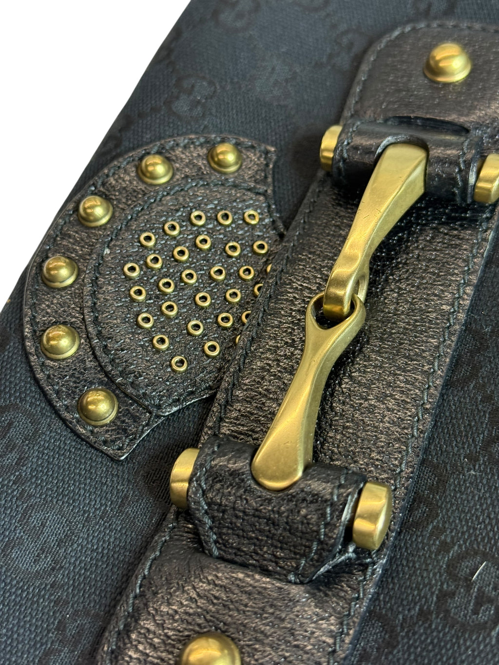 Gucci Studded Pelham Shoulder Bag in Black GG Canvas