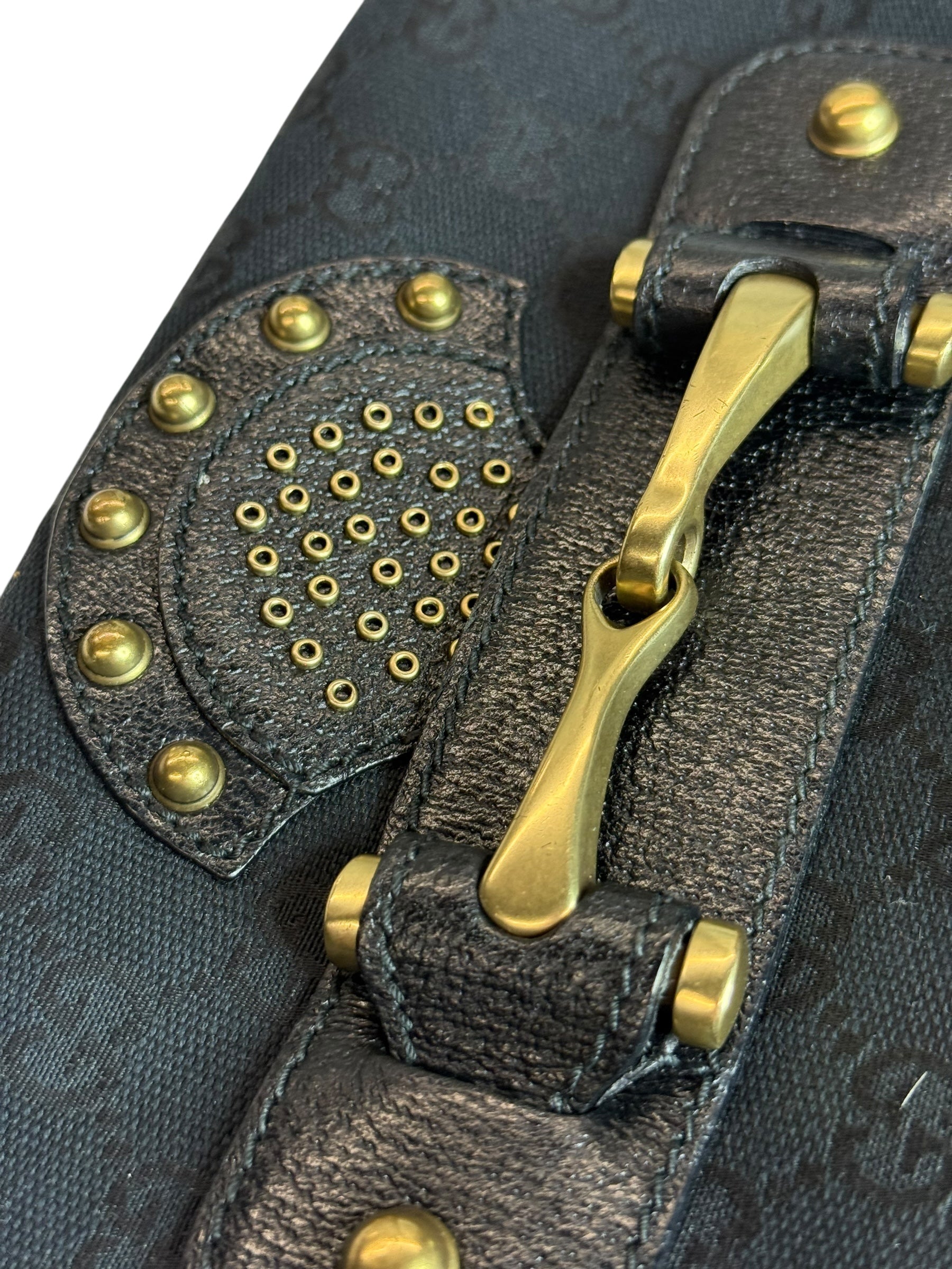 Gucci Studded Pelham Shoulder Bag in Black GG Canvas