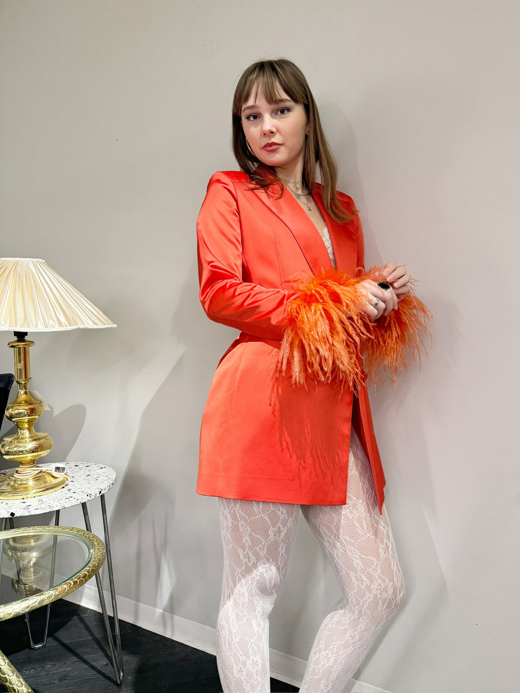 Alberto Audenino Orange Feather-Trim Blazer Dress