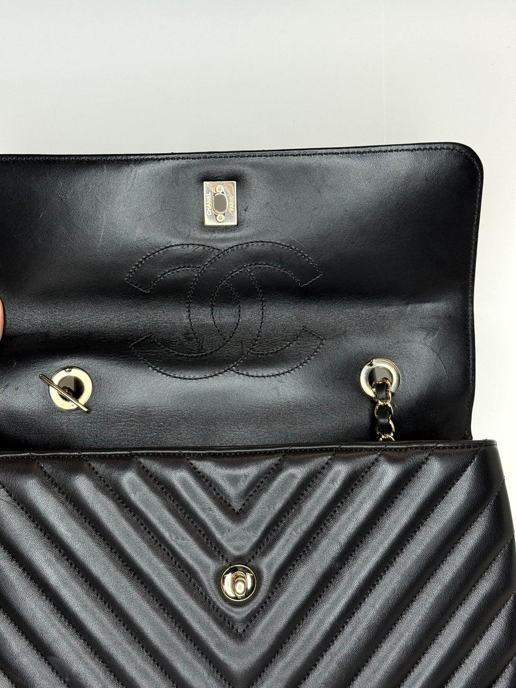 Chanel Chevron Caviar Top Handle Bag — Black Lambskin, Gold Hardware