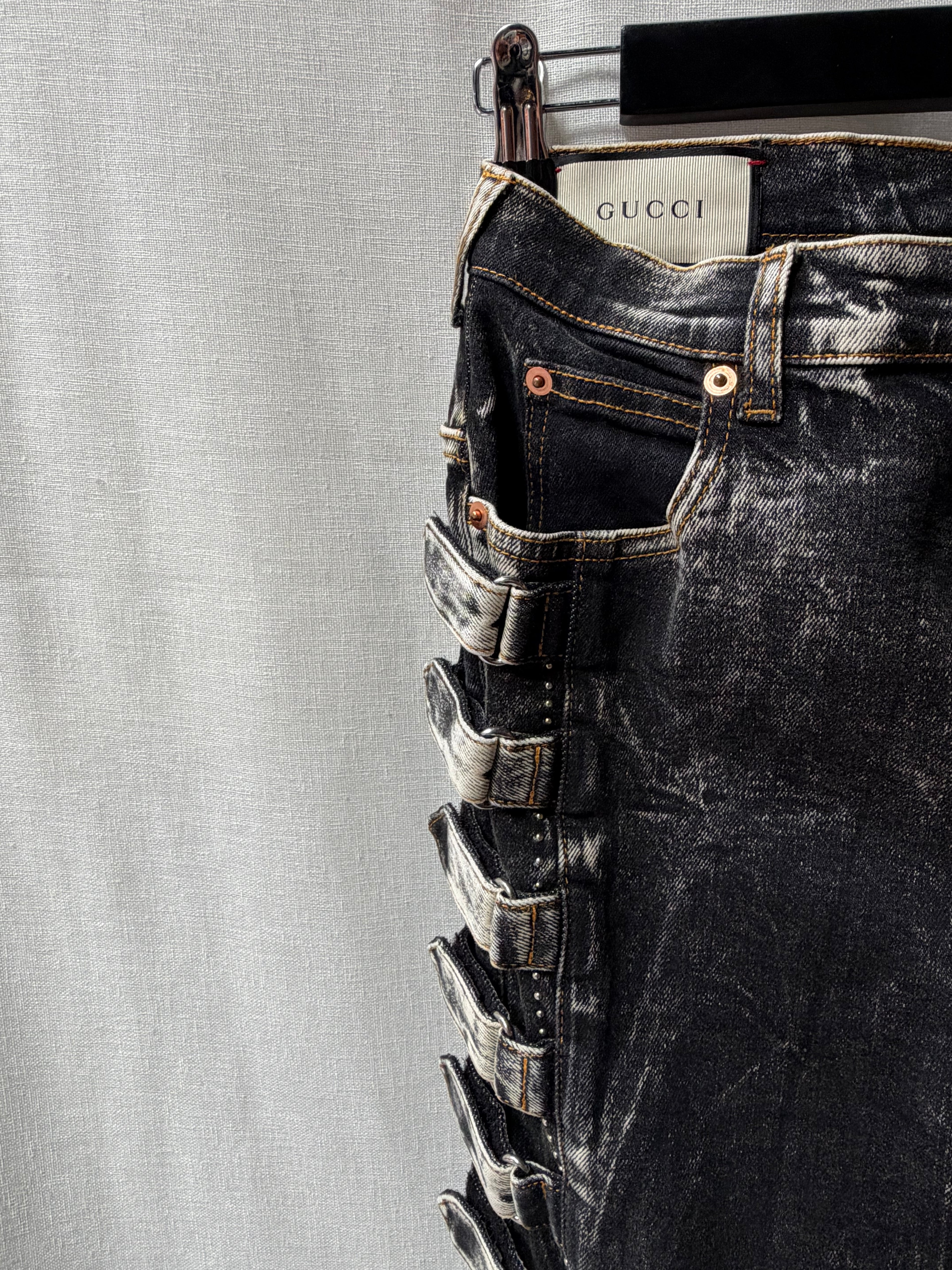 Gucci SS19 Runway Marble-Wash Buckle Skinny Jeans