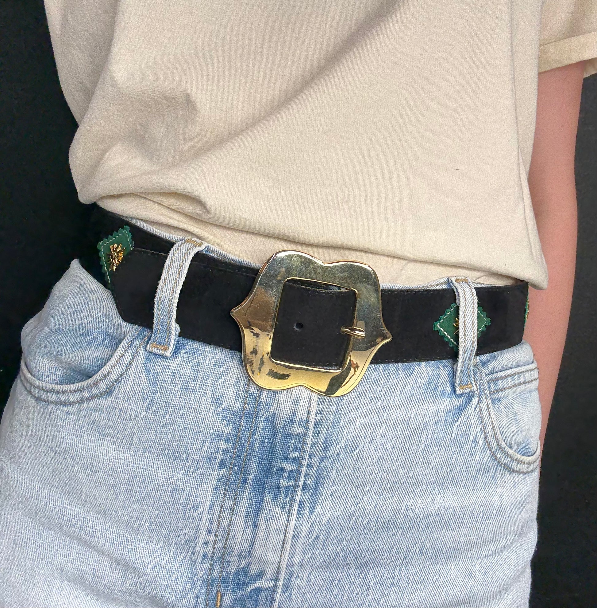 ESCADA Vintage Black Leather Belt with Gold Edelweiss Details