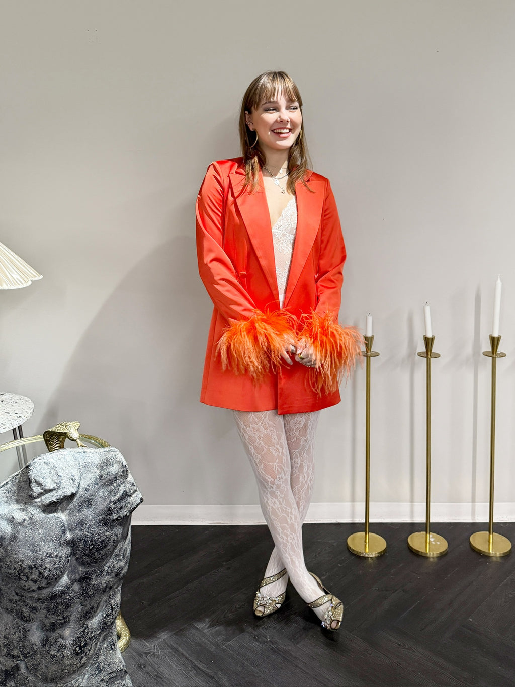 Alberto Audenino Orange Feather-Trim Blazer Dress