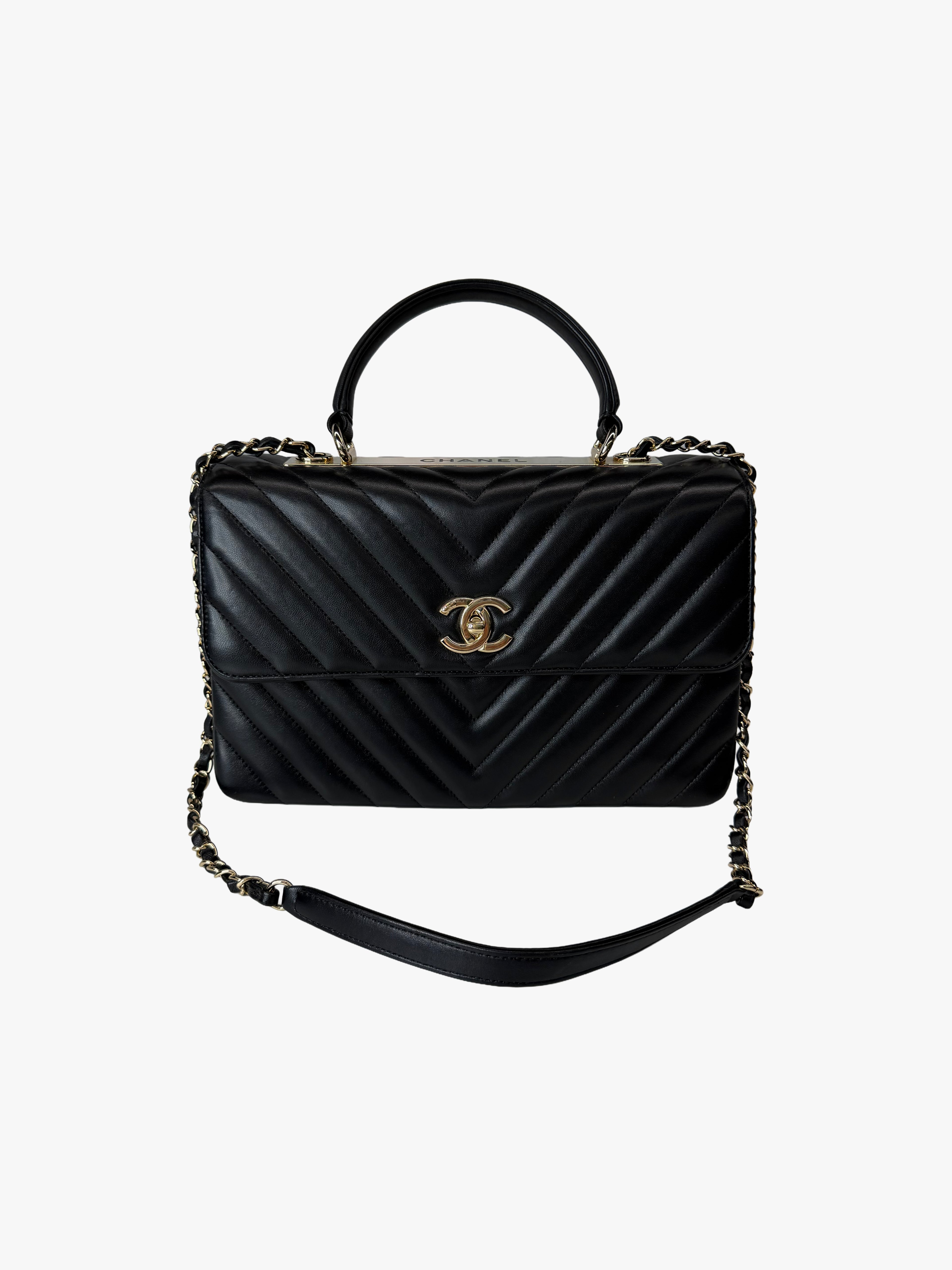 Chanel Trendy CC Top Handle Bag – Black Lambskin Chevron with Gold Hardware