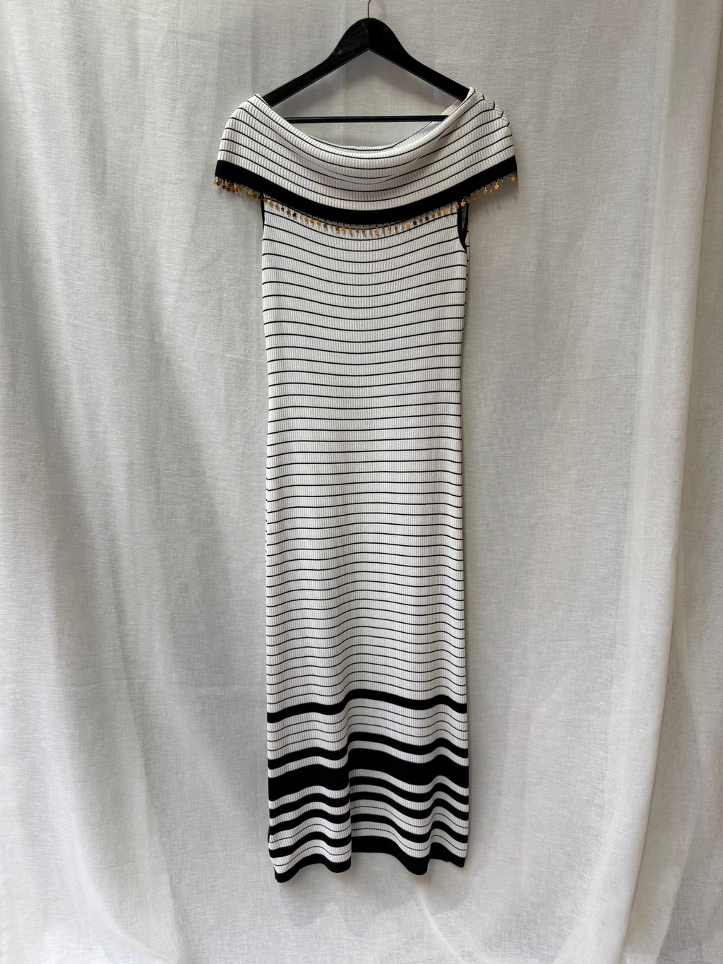 Vintage Escada Off-The-Shoulder Striped Maxi Dress