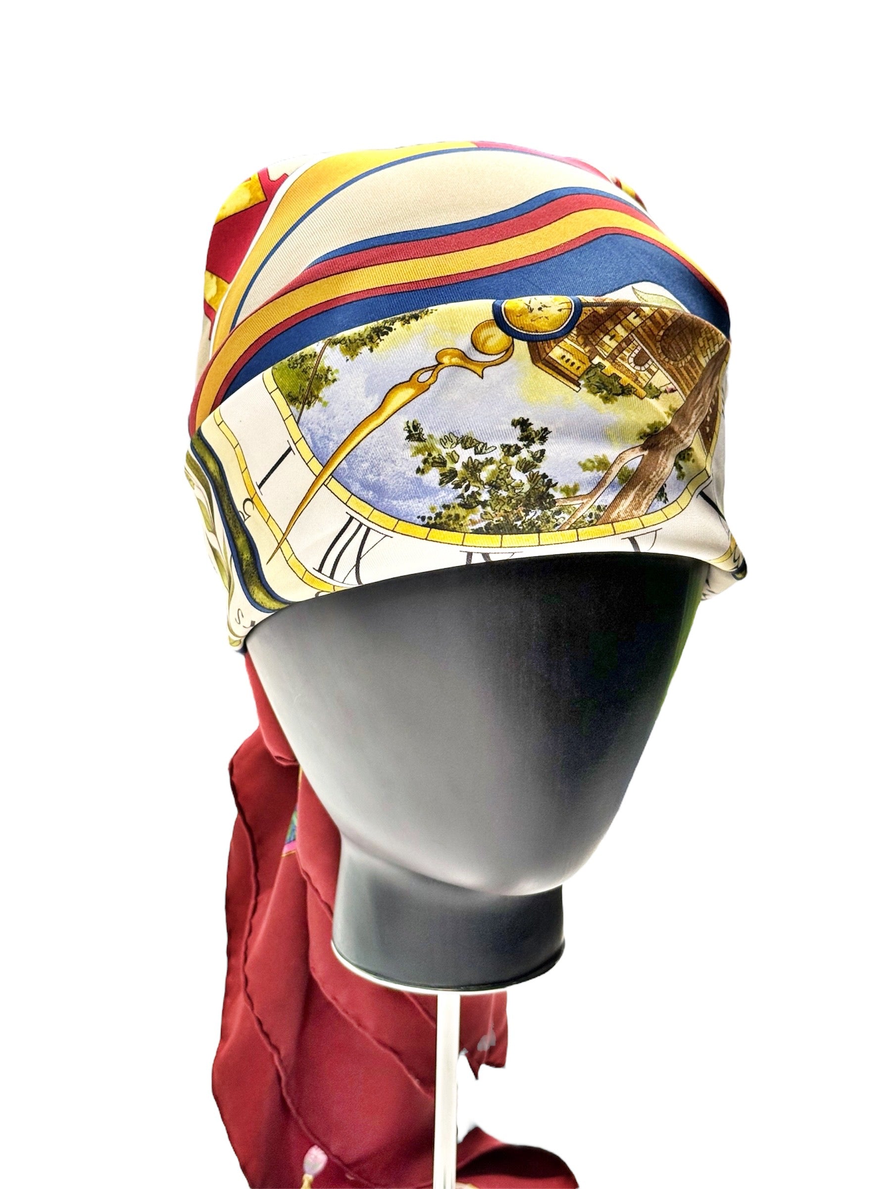 Hermès Silk Scarf “Au fil des heures” – Burgundy, Gold & Multicolor Watch Print, Made in France