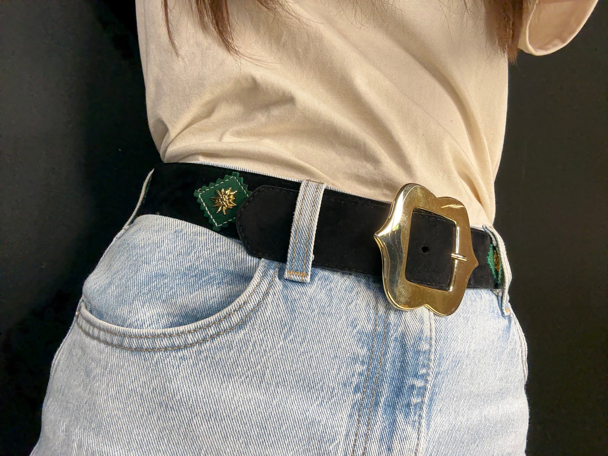 ESCADA Vintage Black Leather Belt with Gold Edelweiss Details
