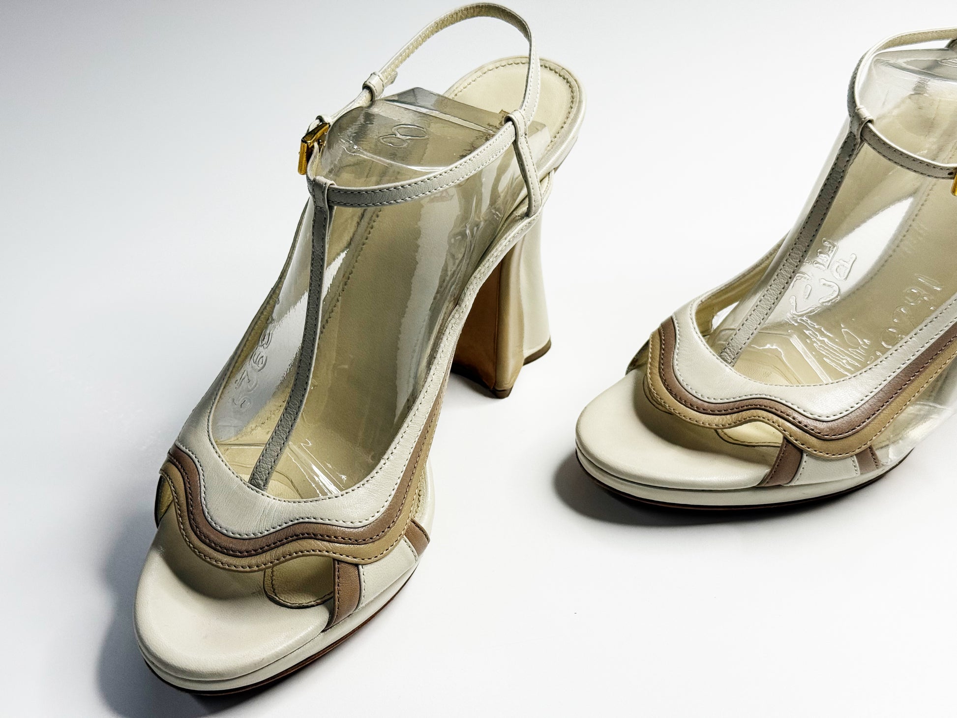 Prada Curved Heel Vinyl & Leather Sandals