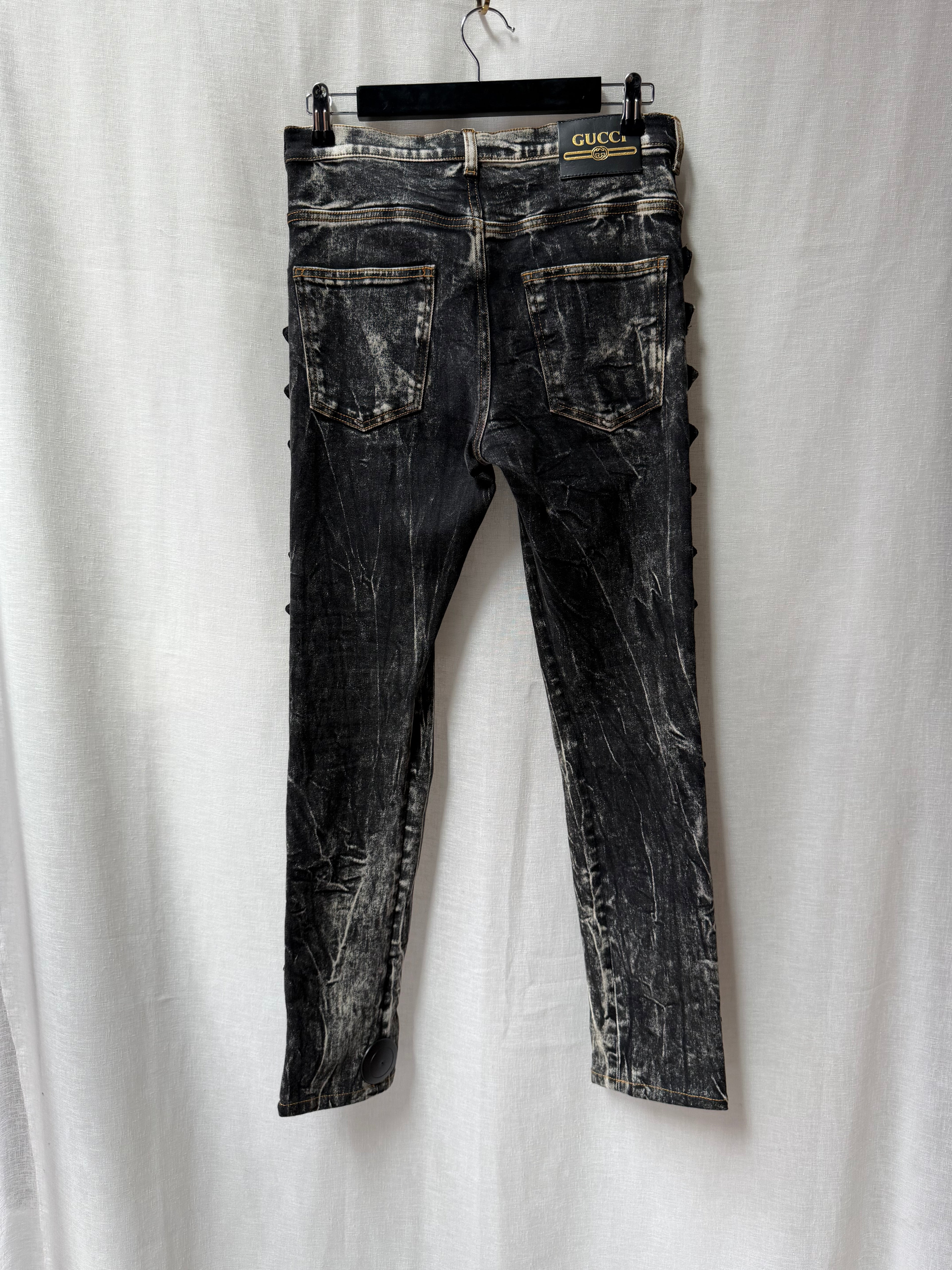 Gucci SS19 Runway Marble-Wash Buckle Skinny Jeans