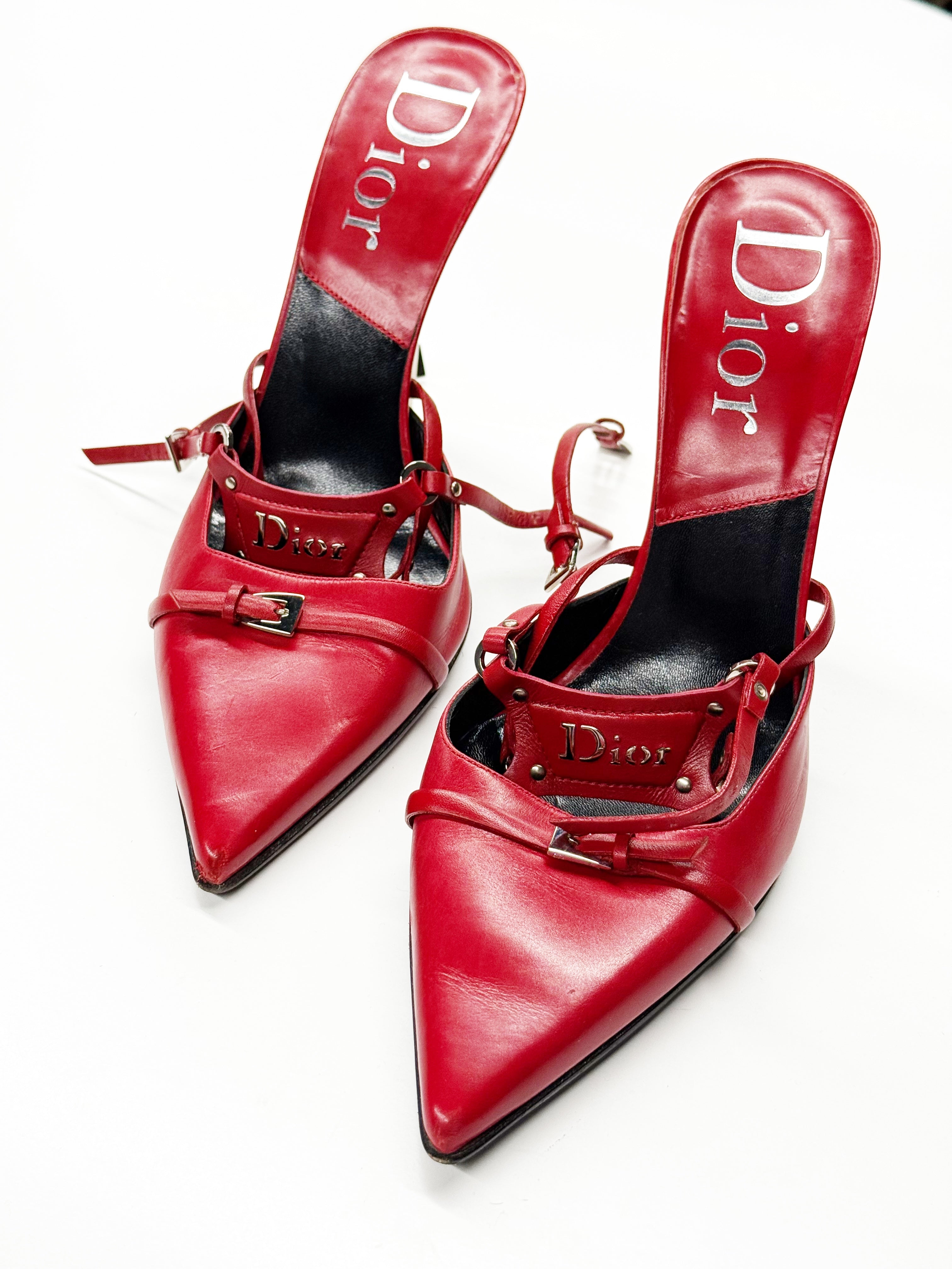 Christian Dior Red Heeled Pumps with Buckle and Strap Details
