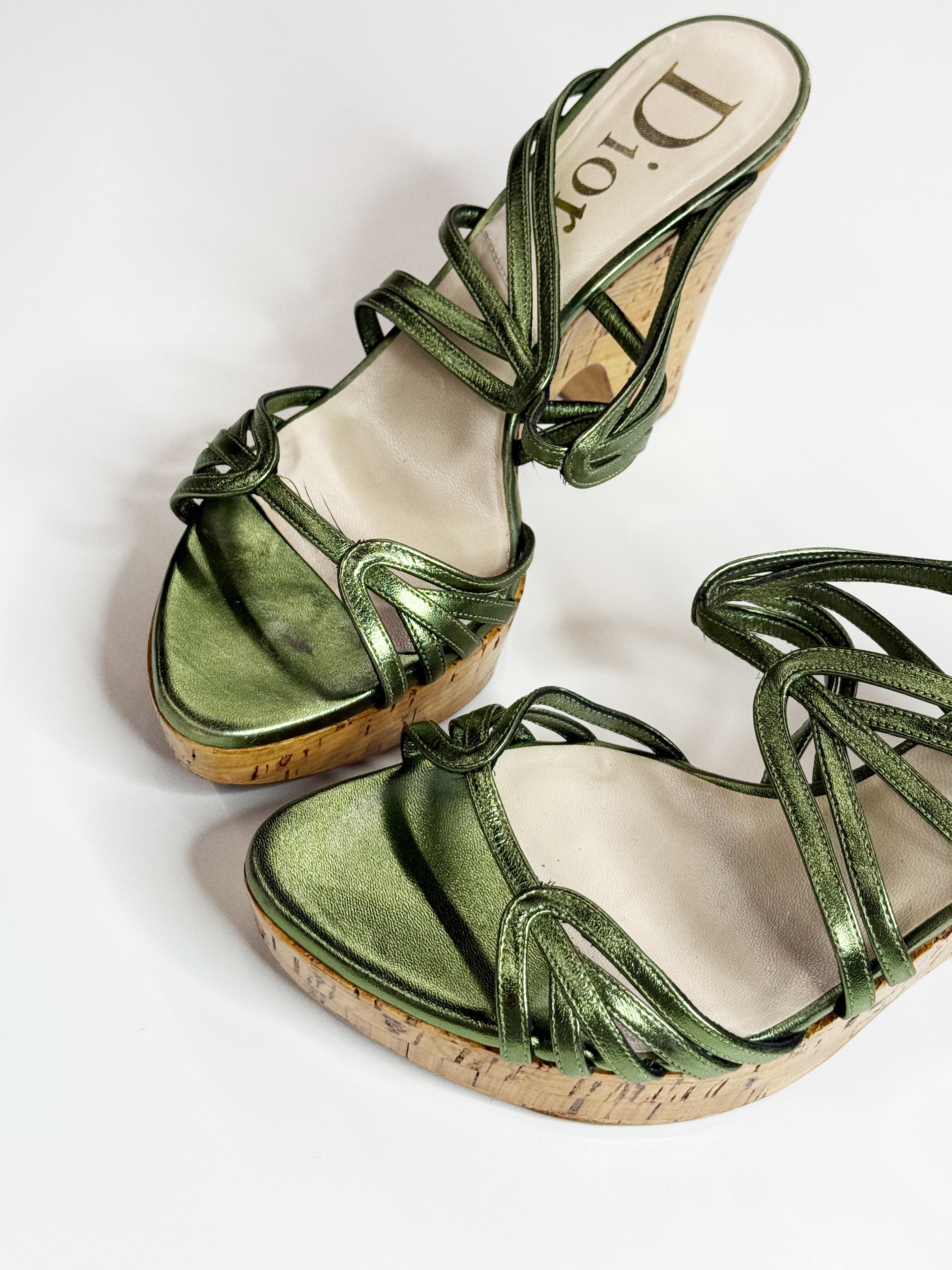Christian Dior Metallic Green Cork Wedge Sandals