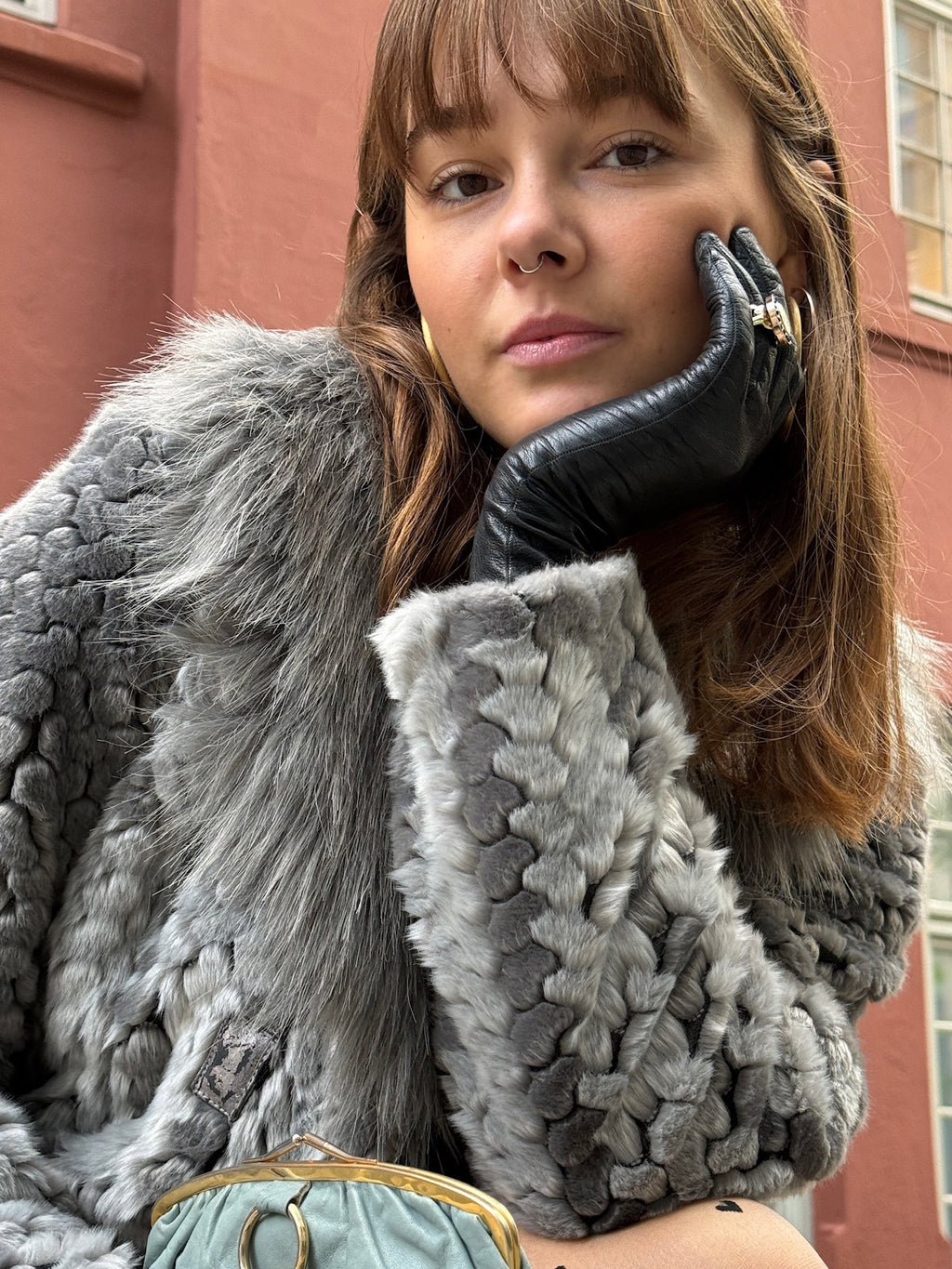 Miss Lina Grey Fur Jacket with Contrast Collar - M
