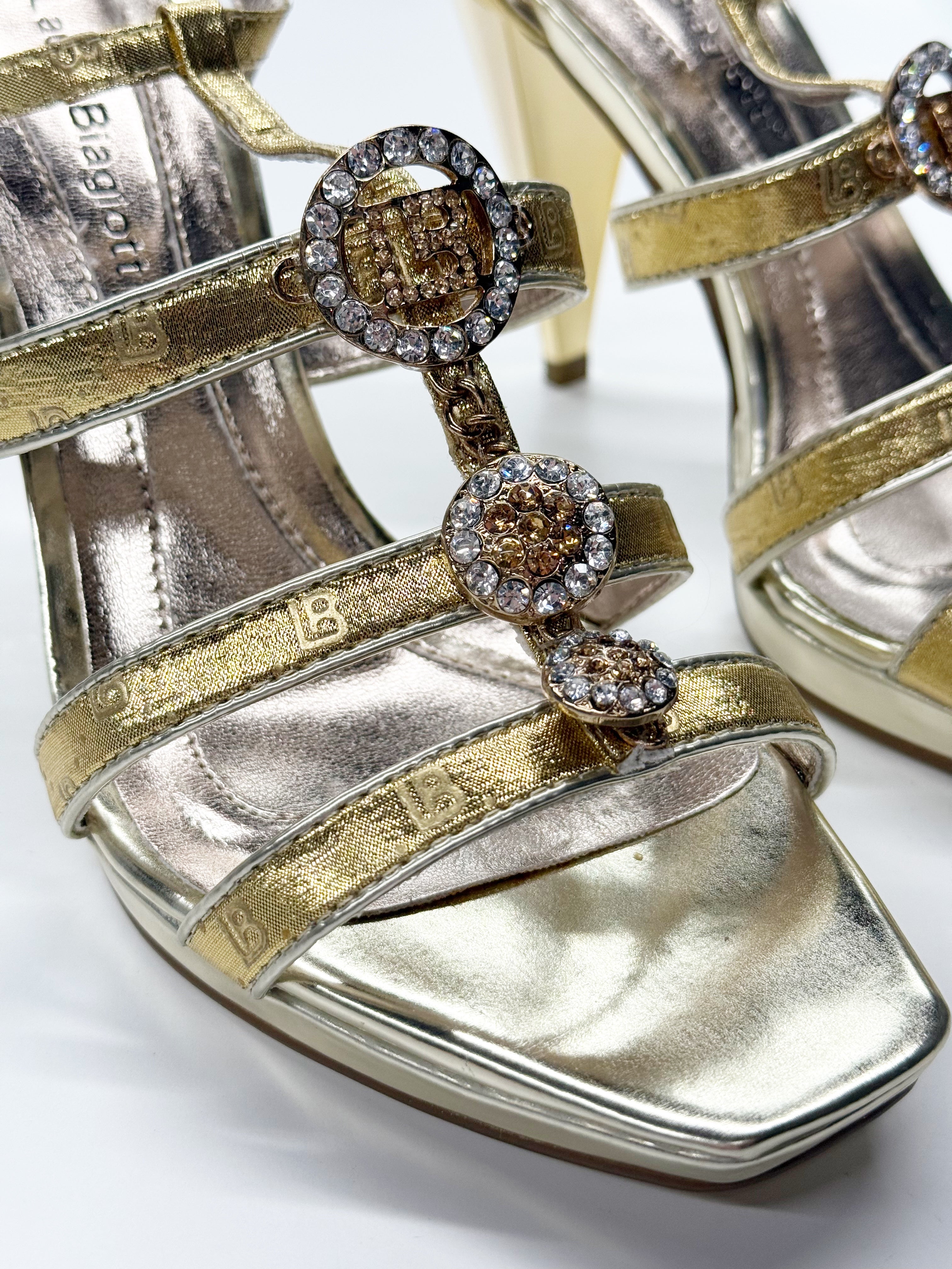 Laura Biagiotti Gold High-Heel Sandals with Crystal Embellishments