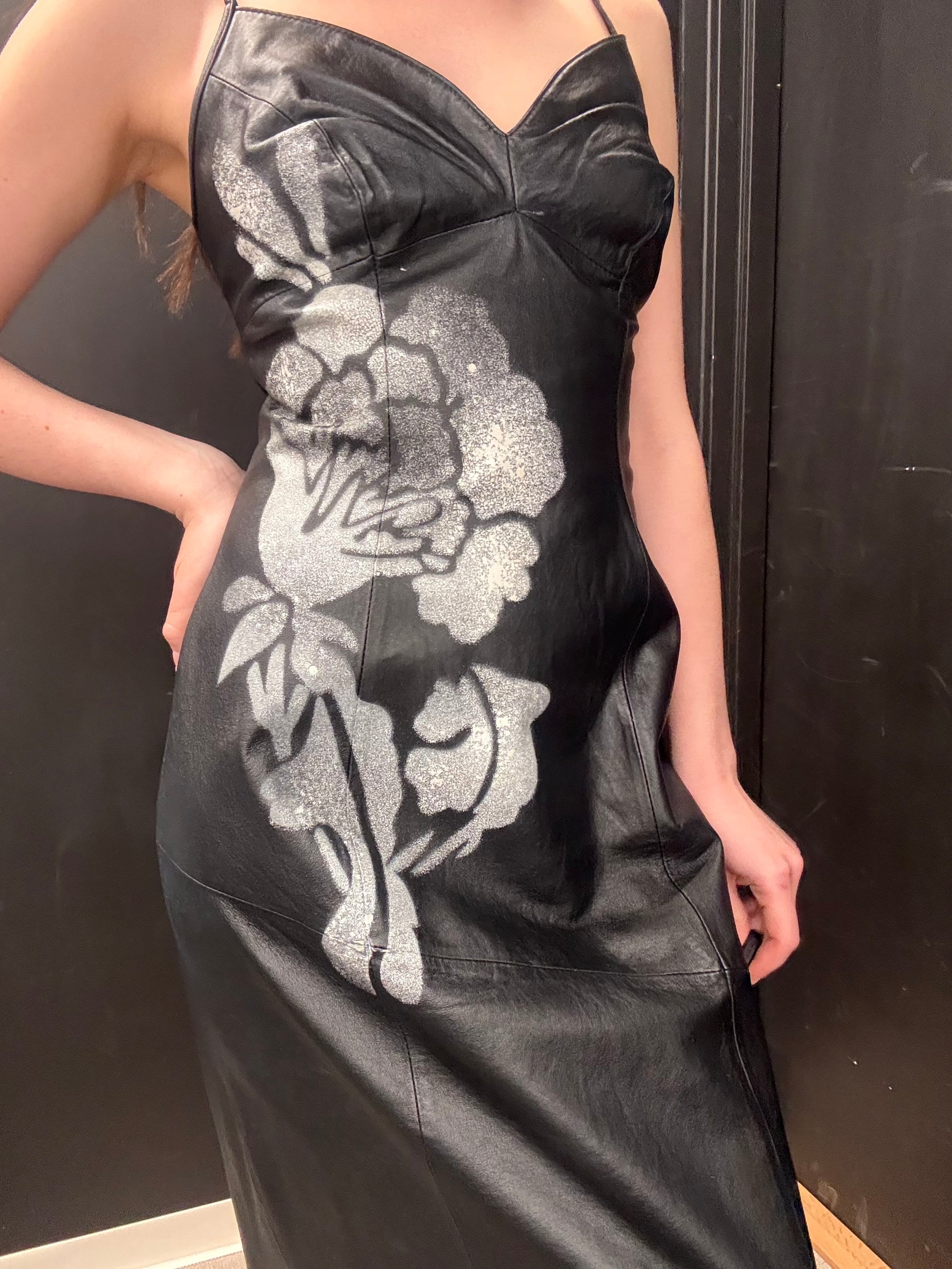 Black Leather Lace-Up Dress with Spray Floral Detail — Faust