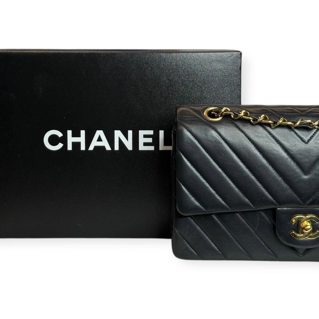 Chanel Vintage Double Flap Medium Chevron Bag — Black Lambskin, 24K