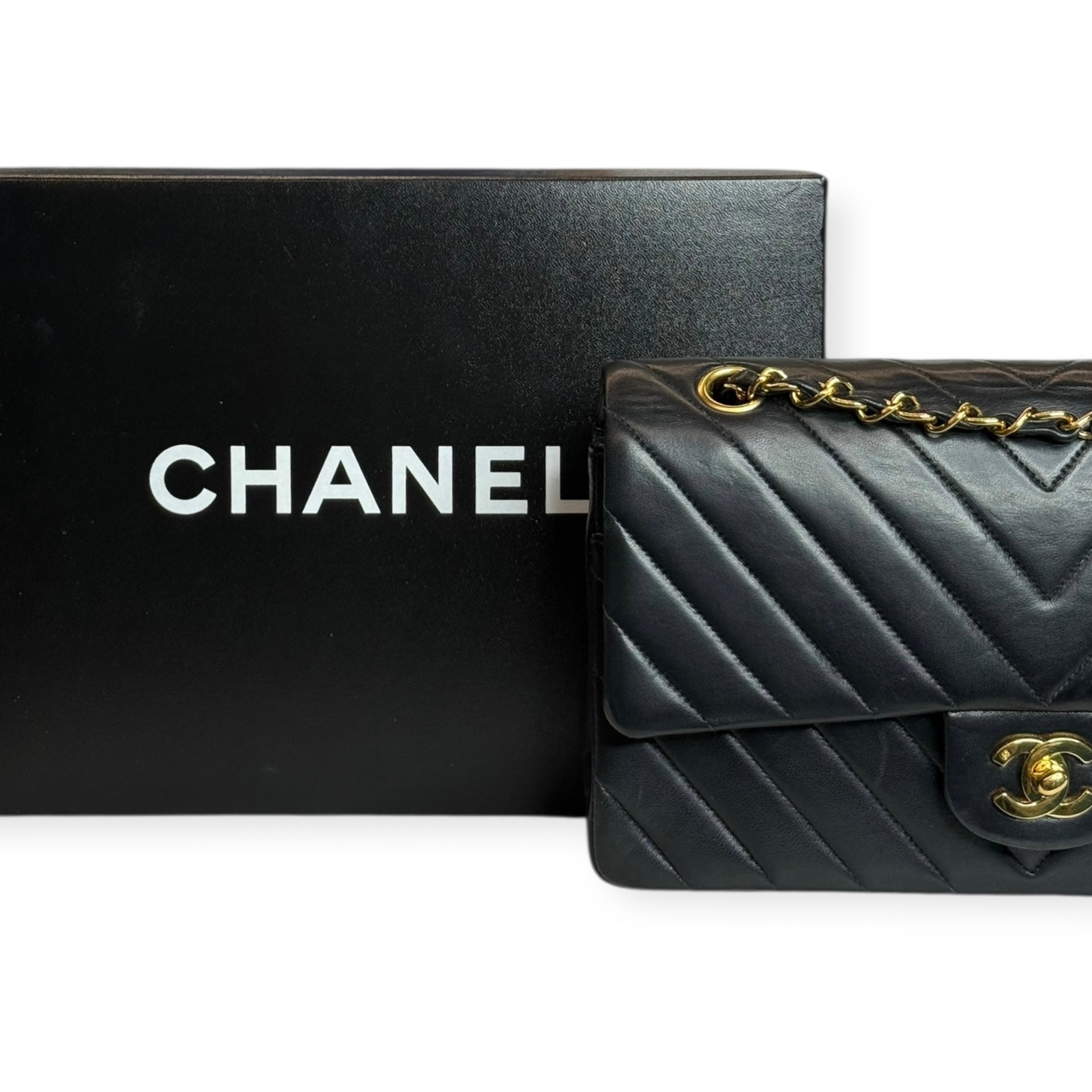 Chanel Vintage Double Flap Medium Chevron Bag — Black Lambskin, 24K