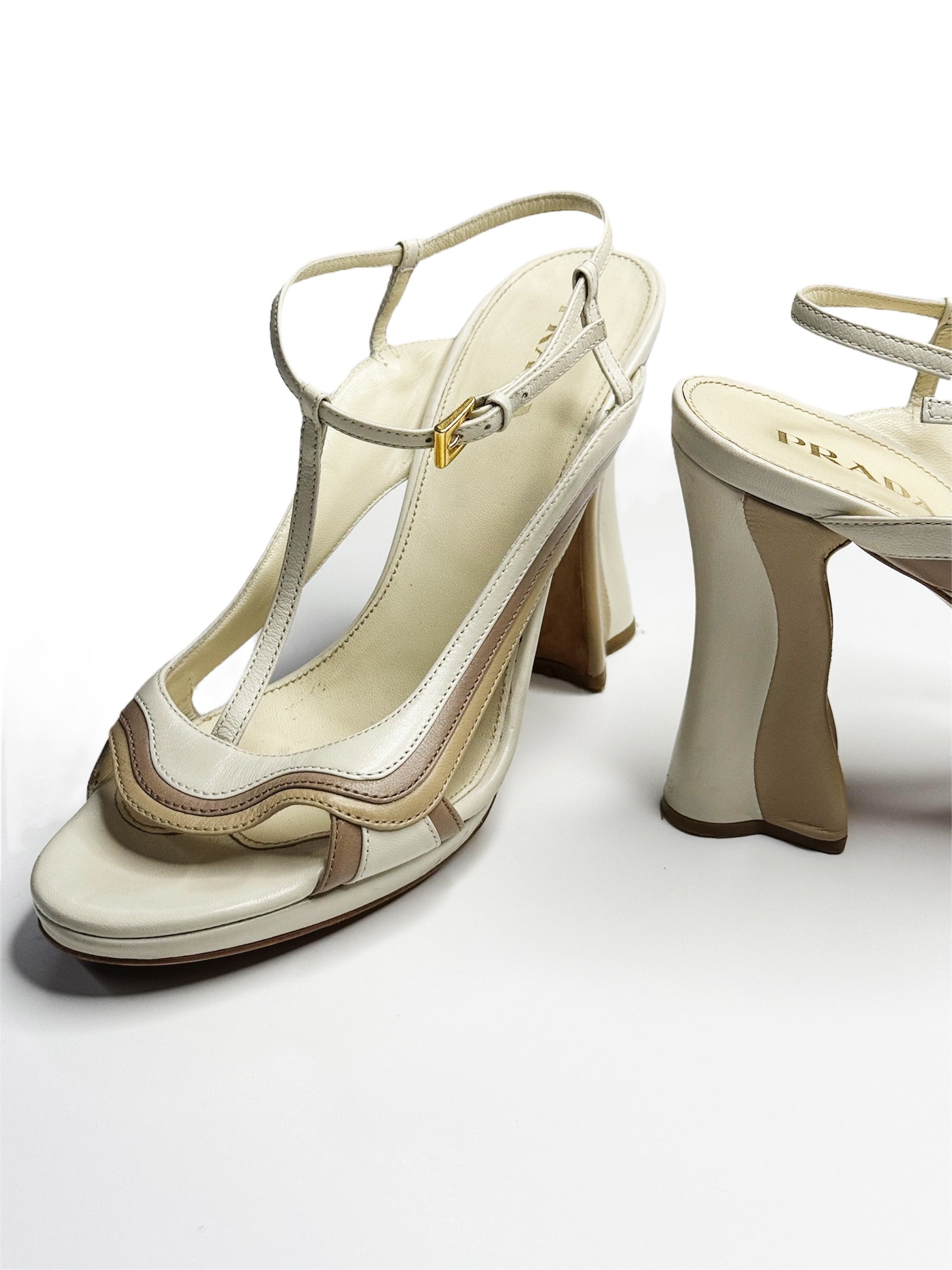 Prada Curved Heel Vinyl & Leather Sandals