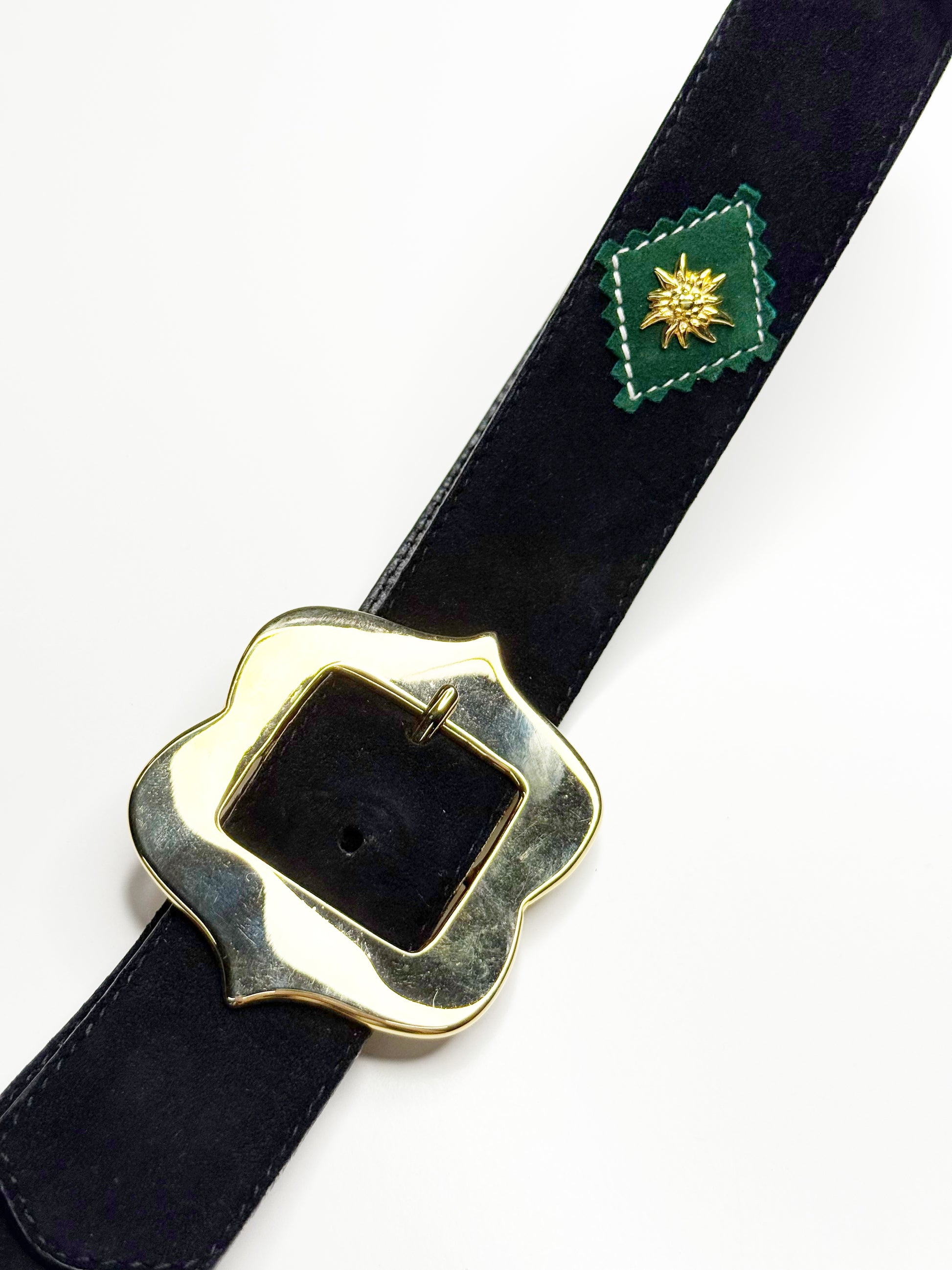 ESCADA Vintage Black Leather Belt with Gold Edelweiss Details