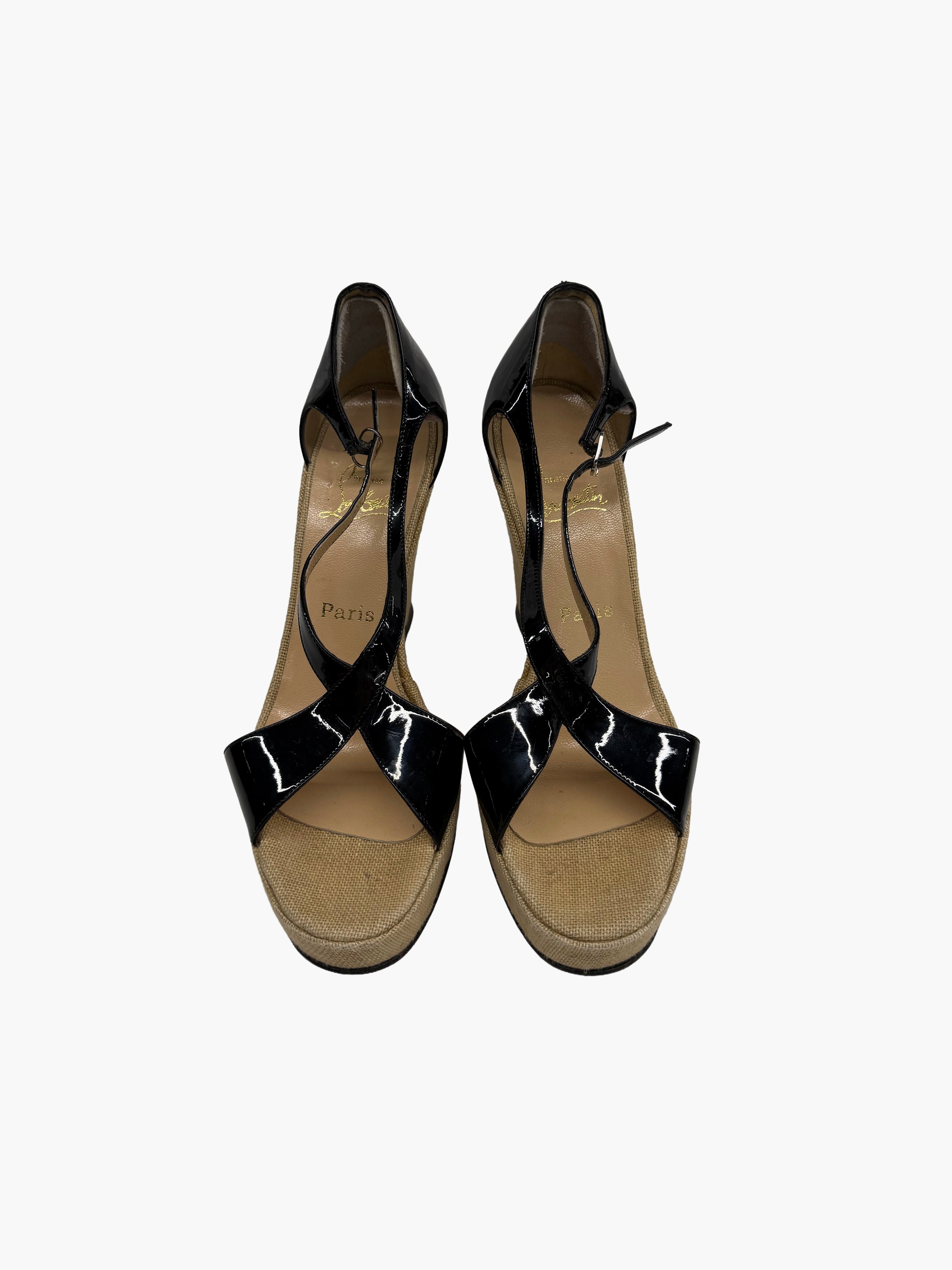 Christian Louboutin Patent Leather & Linen Wedge Sandals