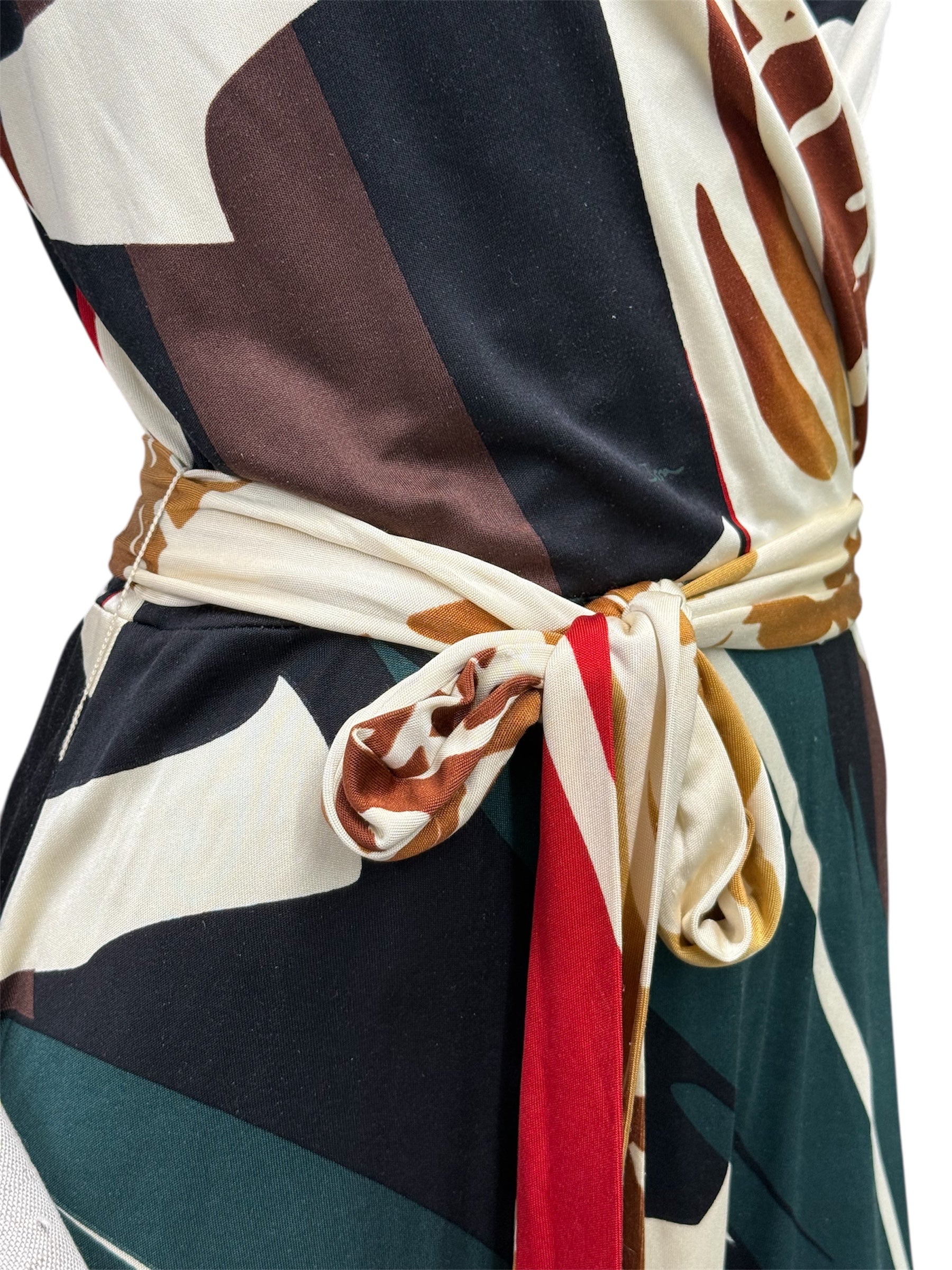 ISSA London Long-Sleeve Silk Dress – Green & Brown Graphic Print