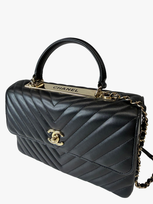 Chanel Trendy CC Top Handle Bag – Black Lambskin Chevron with Gold Hardware
