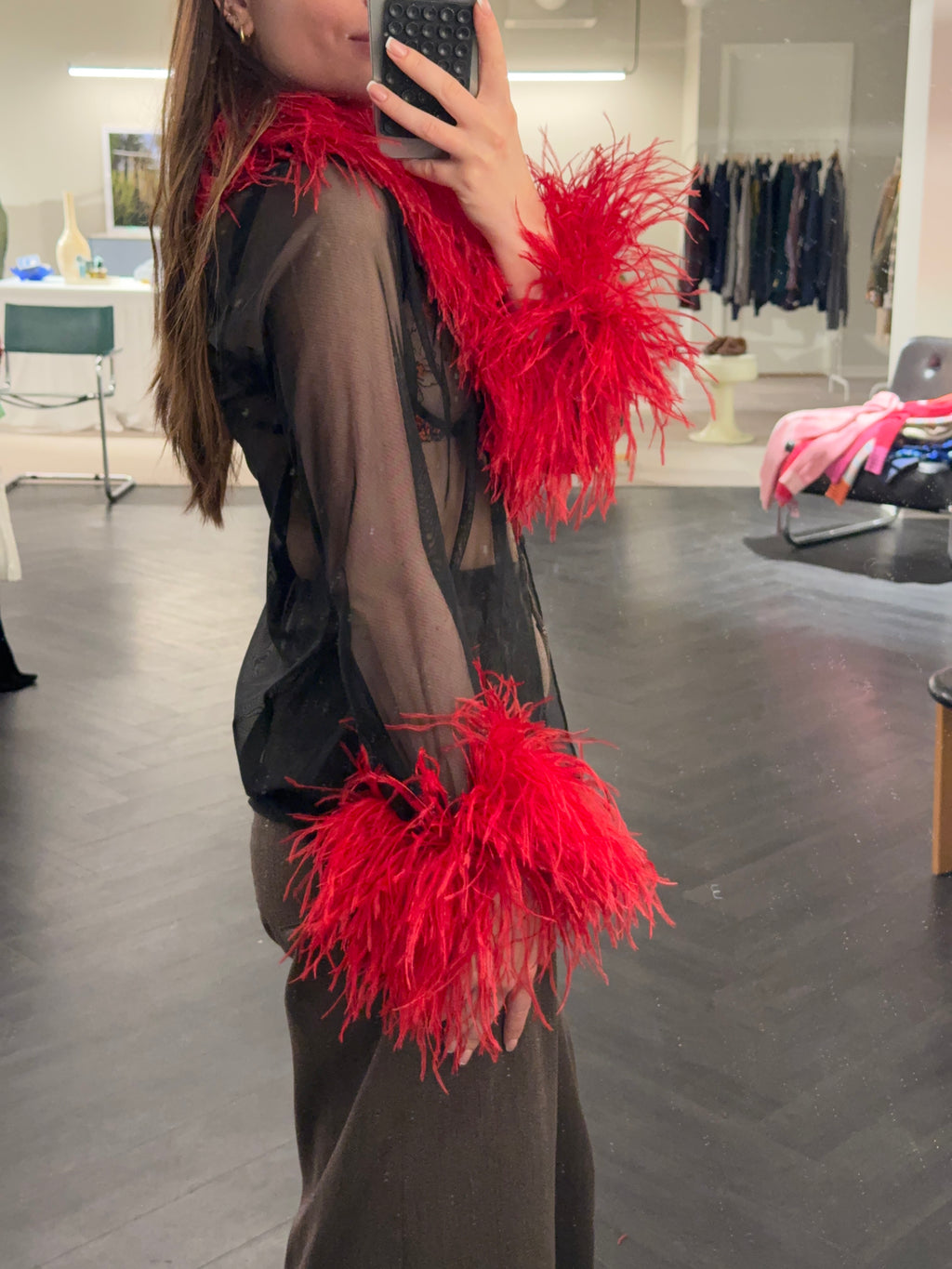 Sheer Feather-Trim Blouse