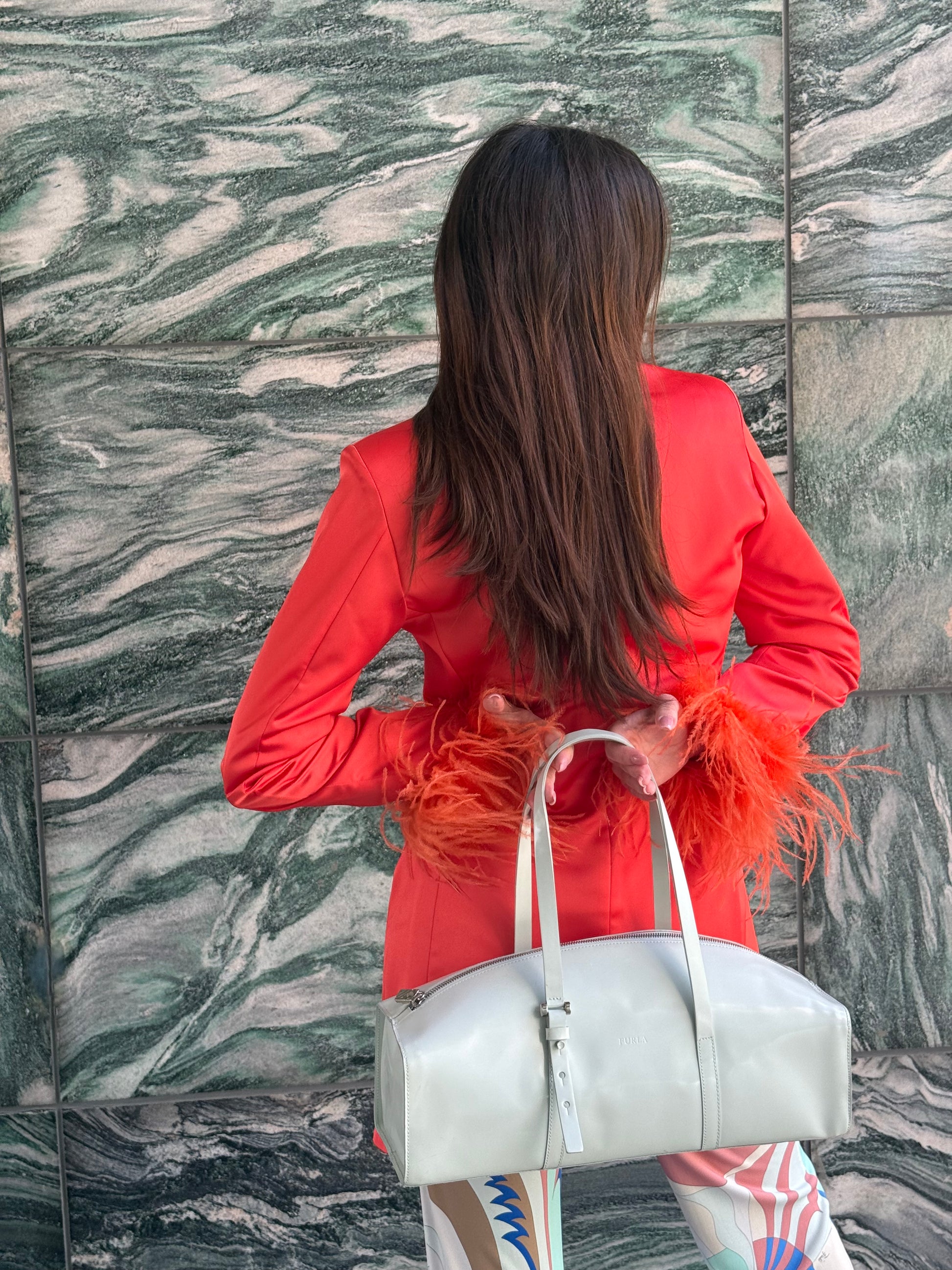 Alberto Audenino Orange Feather-Trim Blazer Dress