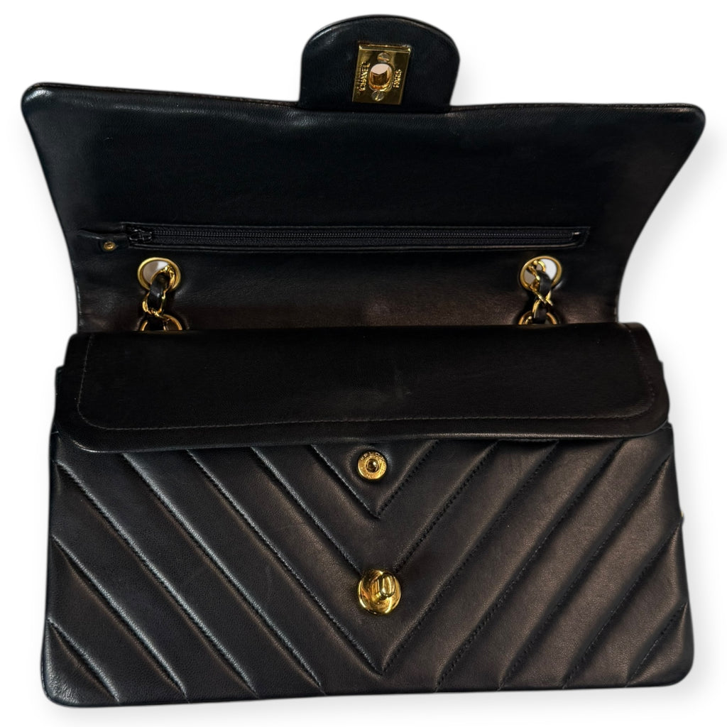 Chanel Vintage Double Flap Medium Chevron Bag — Black Lambskin, 24K