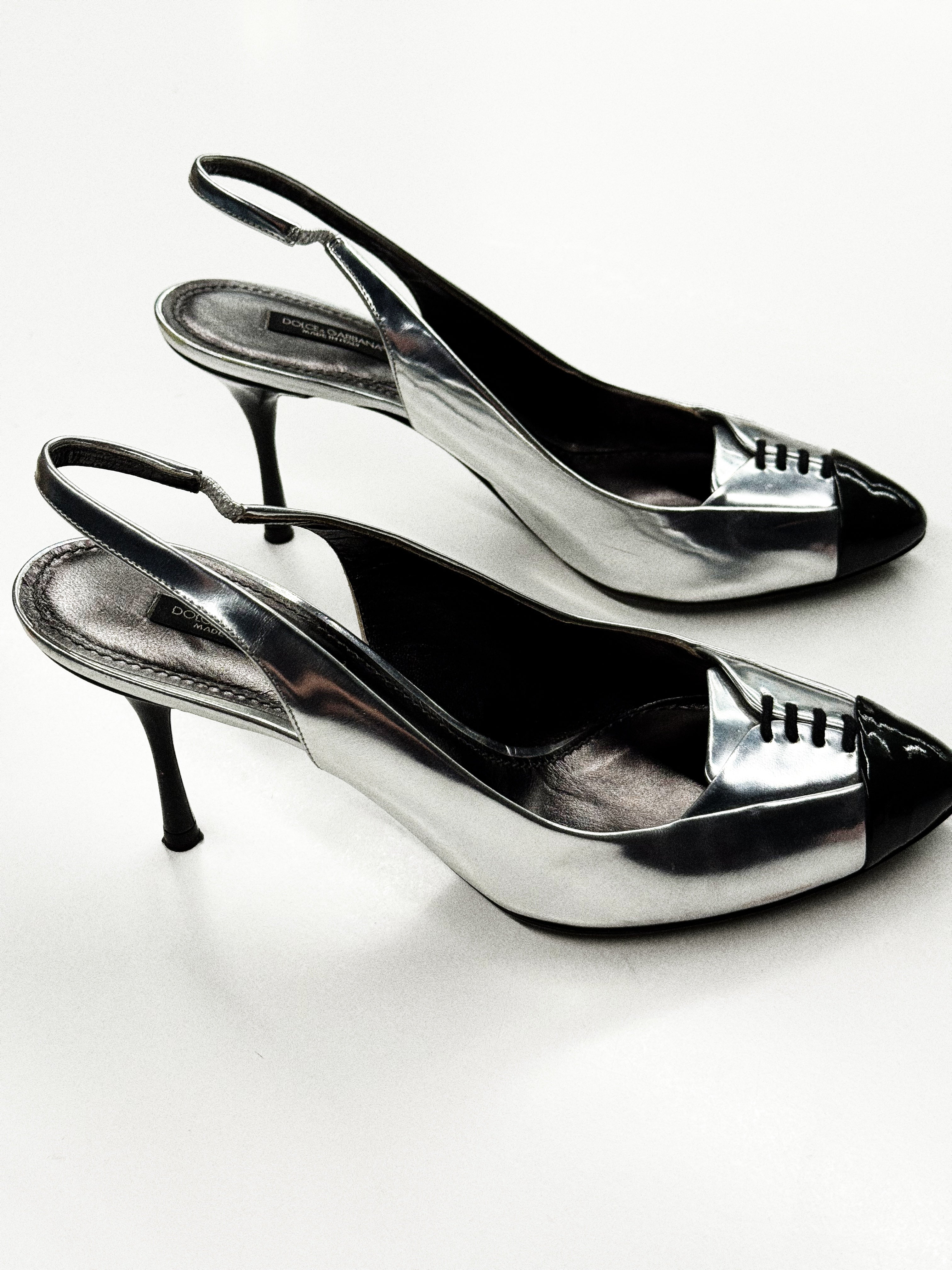 Dolce & Gabbana Silver & Black Slingback Heels