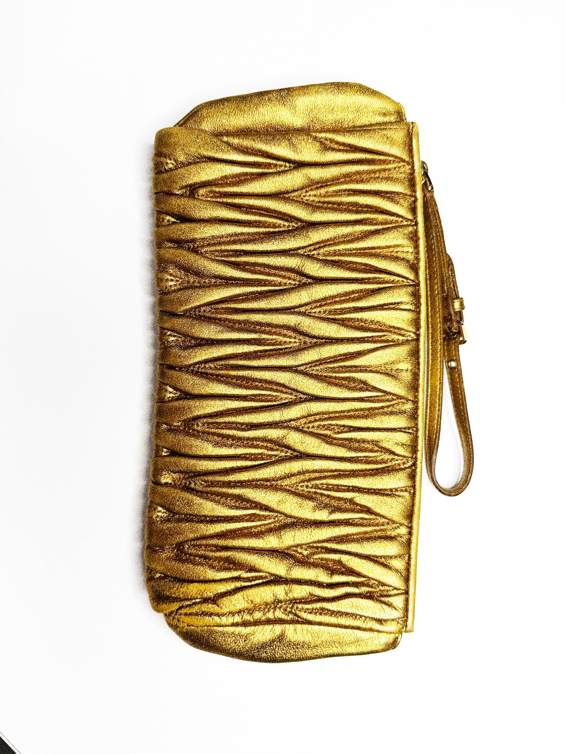 Miu Miu Ruched Metallic Gold Leather Clutch
