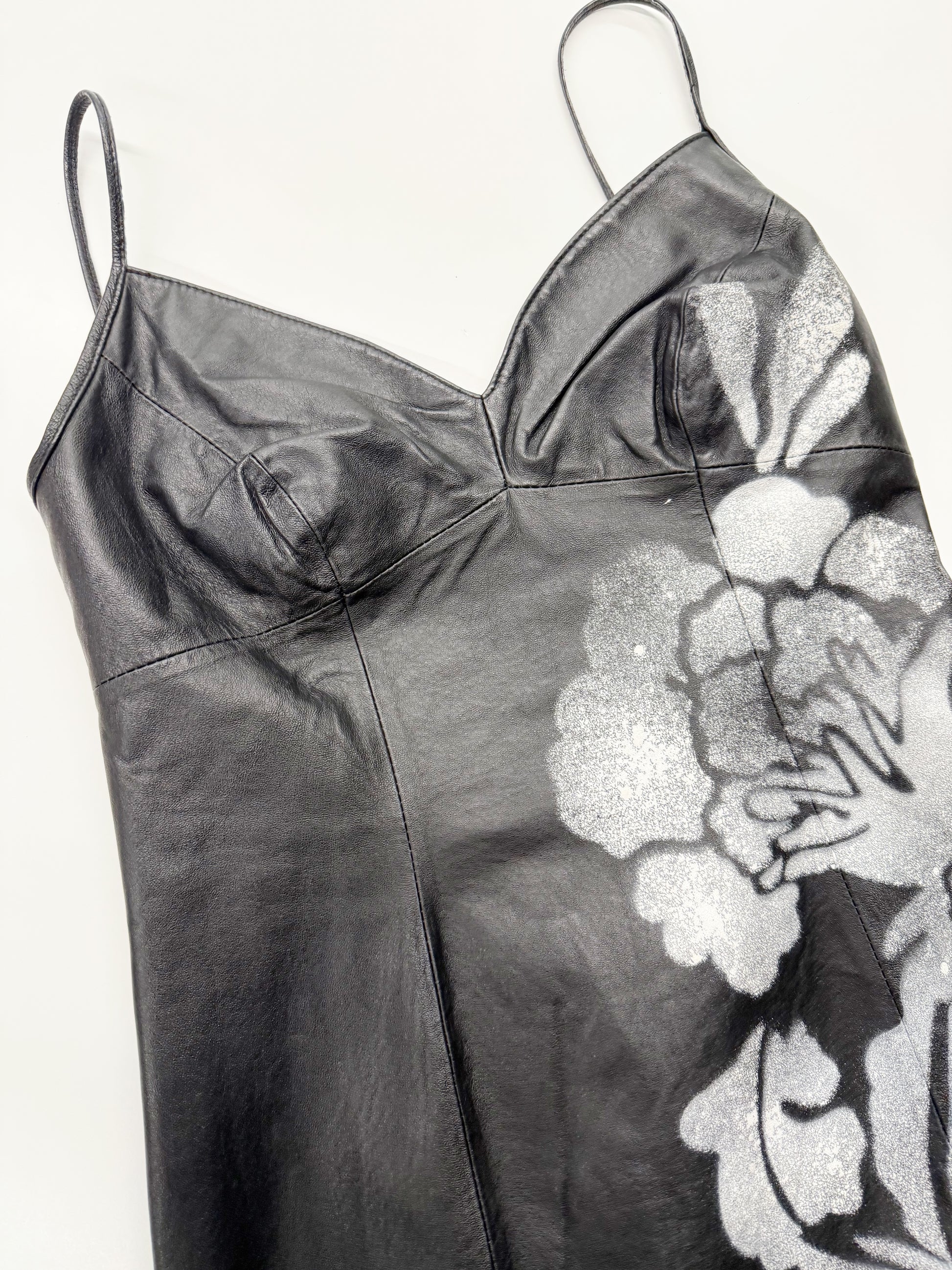 Black Leather Lace-Up Dress with Spray Floral Detail — Faust